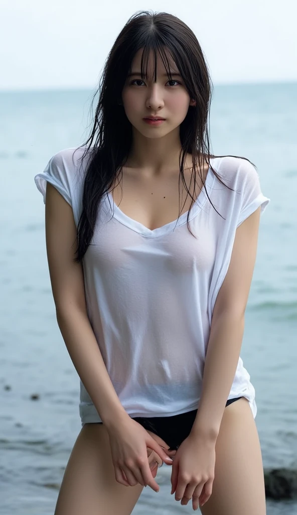 (photorealistic), (detailed face), (best quality), (best detail), realistic, twin japanese girl 20 years old,, tan skin, fit body, long black hair, big breast, wearing wet white tshirt scoop neck, white wet short pants, sitting on the beach, playing sand