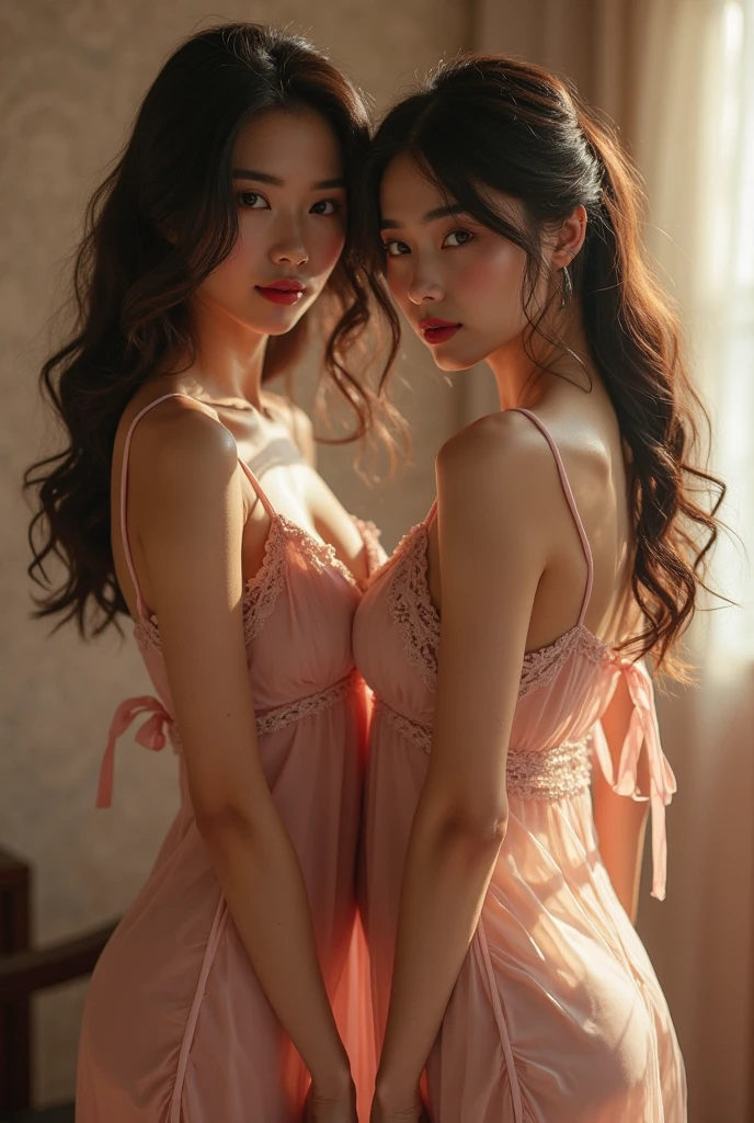 Two Asian women in silk nightgown underwear posing for photo,Pose together in silk nightgowns, Silk Nightgown,Large flower embroidery,floral embroidery,Colossal tits,爆乳,twins, Engaging pose, two models in the frame, Hot with shining sun, Sexy Girl, Korean Girl, Two girls, sakimichan hdri, beautiful Korean women, Gorgeous young Korean woman, Realistic Young Gravure Idol, beautiful gemini twins