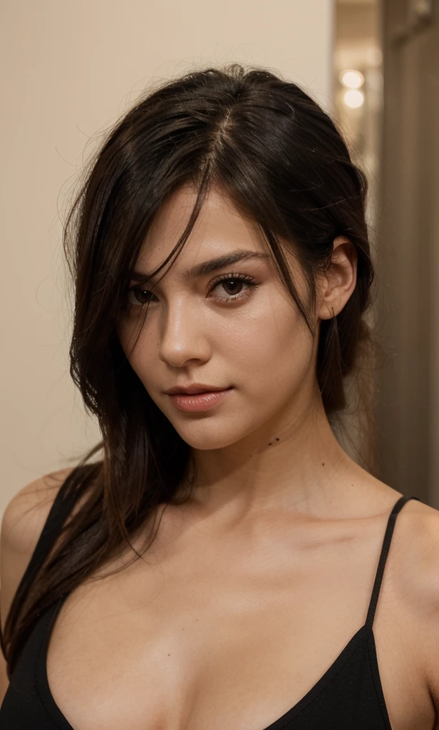 (Rosto realista, sedutor, Olhar adulto), (camisa branca transparente, black underwear, roupas curtas), (cabelo longo castanho escuro), (29 anos), (1 girl), (Estilo 4k)