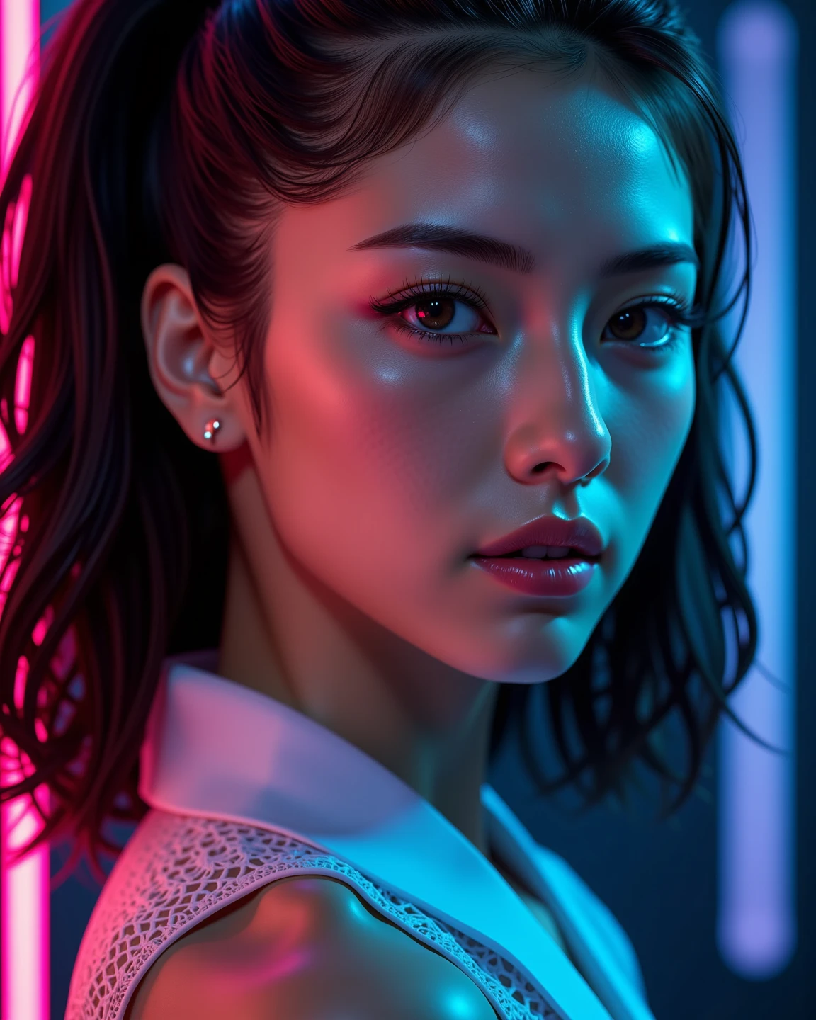 androgynous man, feminine looking man,, young, naked, short hair, septum piercing, dimples, thick collar around neck, naughty expression, white latex bodysuit, neon lights, close-up, UHD, retina, masterpiece, accurate, anatomically correct, textured skin, super detail, high details, high quality, award winning, best quality, highres