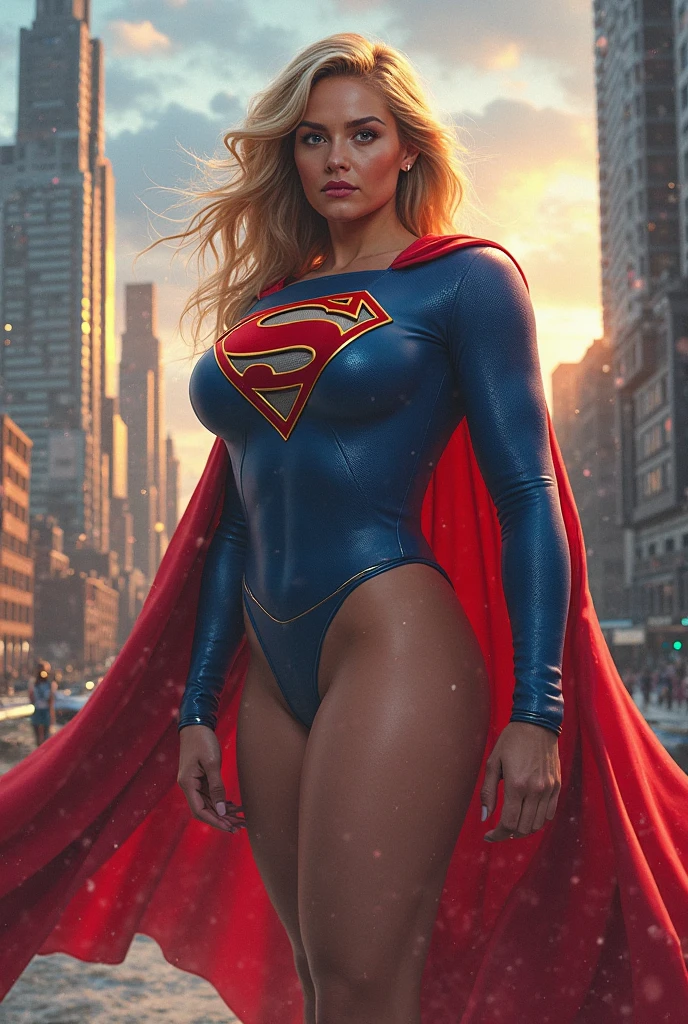 (ultra realistic,32k, masterpiece:1.2),(high detailed skin:1.1),( high quality:1.1),
1girl, blonde long hair, <lora:Superhero_suit:0.5>superhero bodysuit, cape,,(looking at viewer, standing, from below:1.1),, huge breast, large breast,<lora:add_detail:0.89>,
(iridescence:1.1),futuristic city skyline, blurry background,
