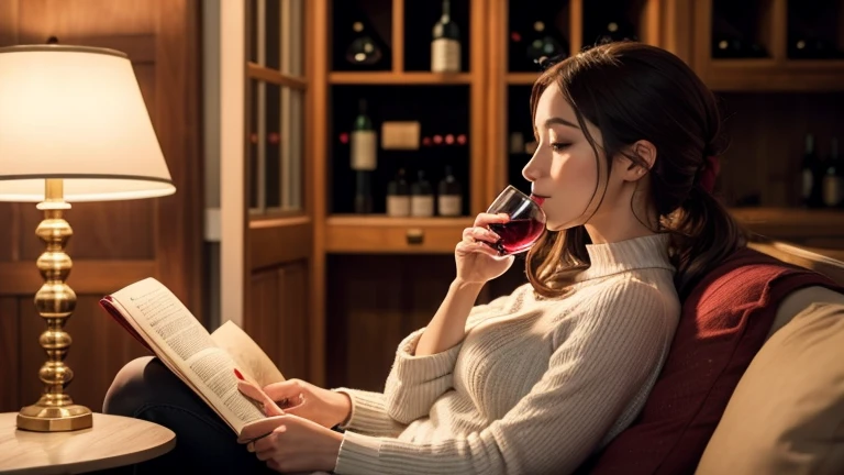 woman drinking wine and reading