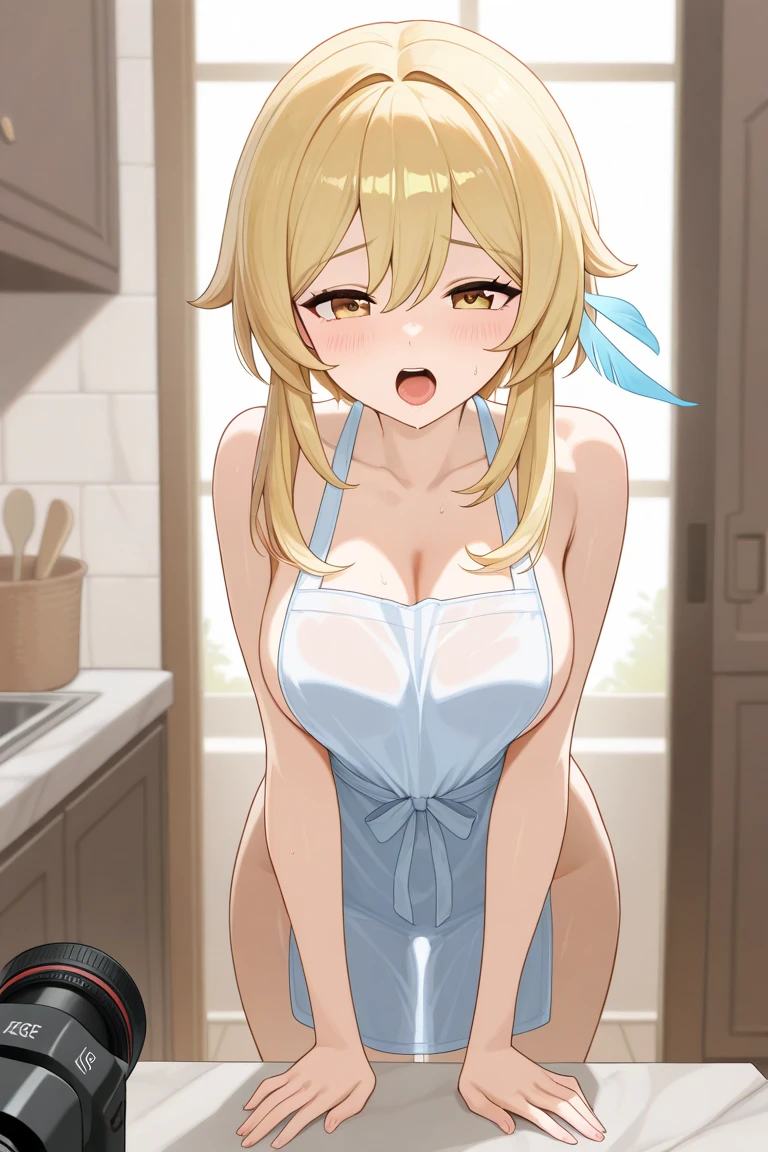 Naughty woman 、、Blonde ponytail、Hair longer than waist、plump breasts、slender、Laugh with your eyes closed、Twinkle smile、anime、pale blue eyes、Naked Apron、White apron、In the kitchen、Stretch out your arms、Turn your back