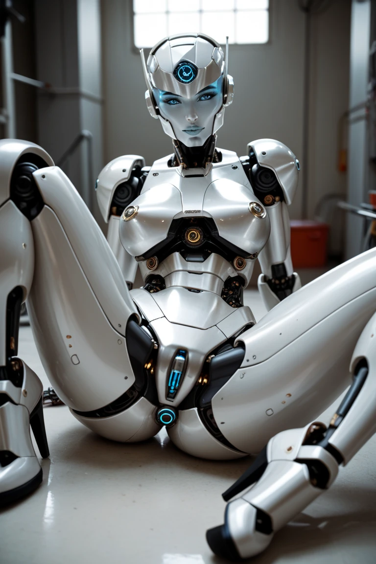 Naked robot android for sex pleasures, all smeared with sperm, large vagine