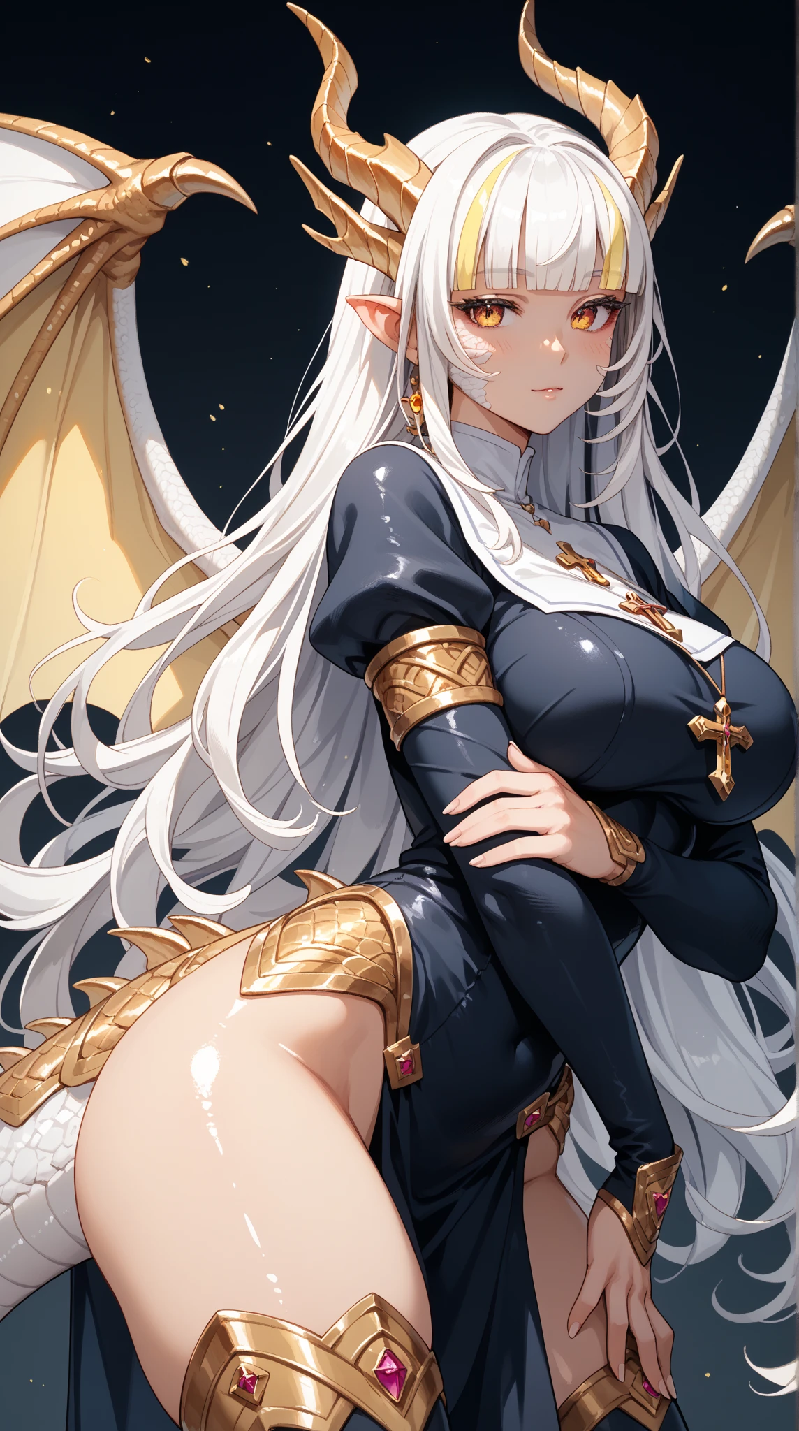 1girl, solo, nun, nun_gown with gold decorations, curvy waist, very large breasts, thick thighs, black_leg_fishnets, very pale skin, very long silver hair, dark green eyes, sleeveless, demonic wings