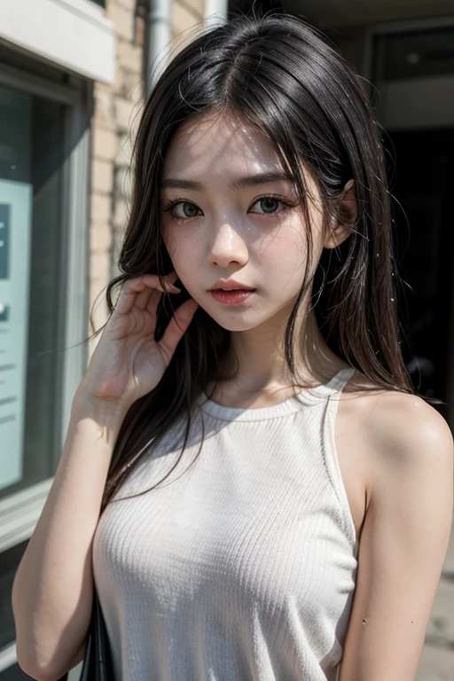 ((Best quality, 8k, Masterpiece :1.3)), Sharp focus :1.2, perfect figure beautiful woman:1.4, Slim abs:1.2, ((Layered Hair Style,)), (Tank top shirt:1.1 ), (the street:1.2), Highly detailed facial and skin texture, A detailed eye, 二重まぶた,（torn laundry：1.5）， Best Picture Quality， tmasterpiece， 超高分辨率， （fidelity：1.4）， photore， 1 rapariga，[（grieves）]，white  shirt， dimly lit， darkly， be desperate， pitying， cute little， cinematic ligh， tears， tear drop， （torn laundry：1.5）， （wetclothes：1.4）， exposed bare shoulders， Real rain， Wet hair,