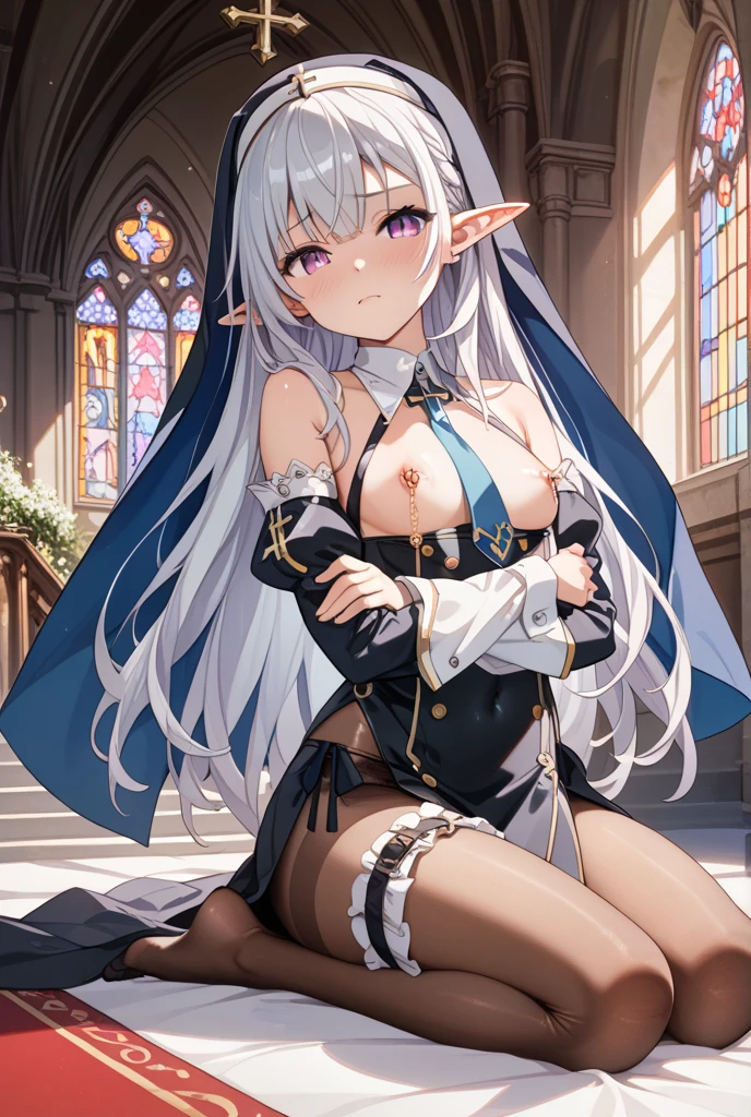 topless, exposed breasts, masterpiece, best quality, erect nipples, white hair, half opened eyes, light blue eyes, close-up, praying, smile, small breasts, thongs, stained glass, altar, bokeh, church interior, sleeveless, navel, full bangs, choker, thighs, sparkling, pool, black sarong, belly dancer clothes, gold headdress, veil, harem outfit, mouth veil, 1 side braid, nun veil, night, gold armband, black gloves, gold thigh strap, bare stomach, red loincloth, kneeling, candles, large nipples, child, petite body, squint eyes, calm face