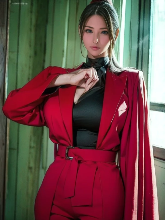 Busty boss sit on sofa in office room, wearing red coat with (((popped collar))) , busty, big breast, sunglasses, long gloves and long boots, very classy and glamour. kissing. Sexy pose. Point of view from below her feet