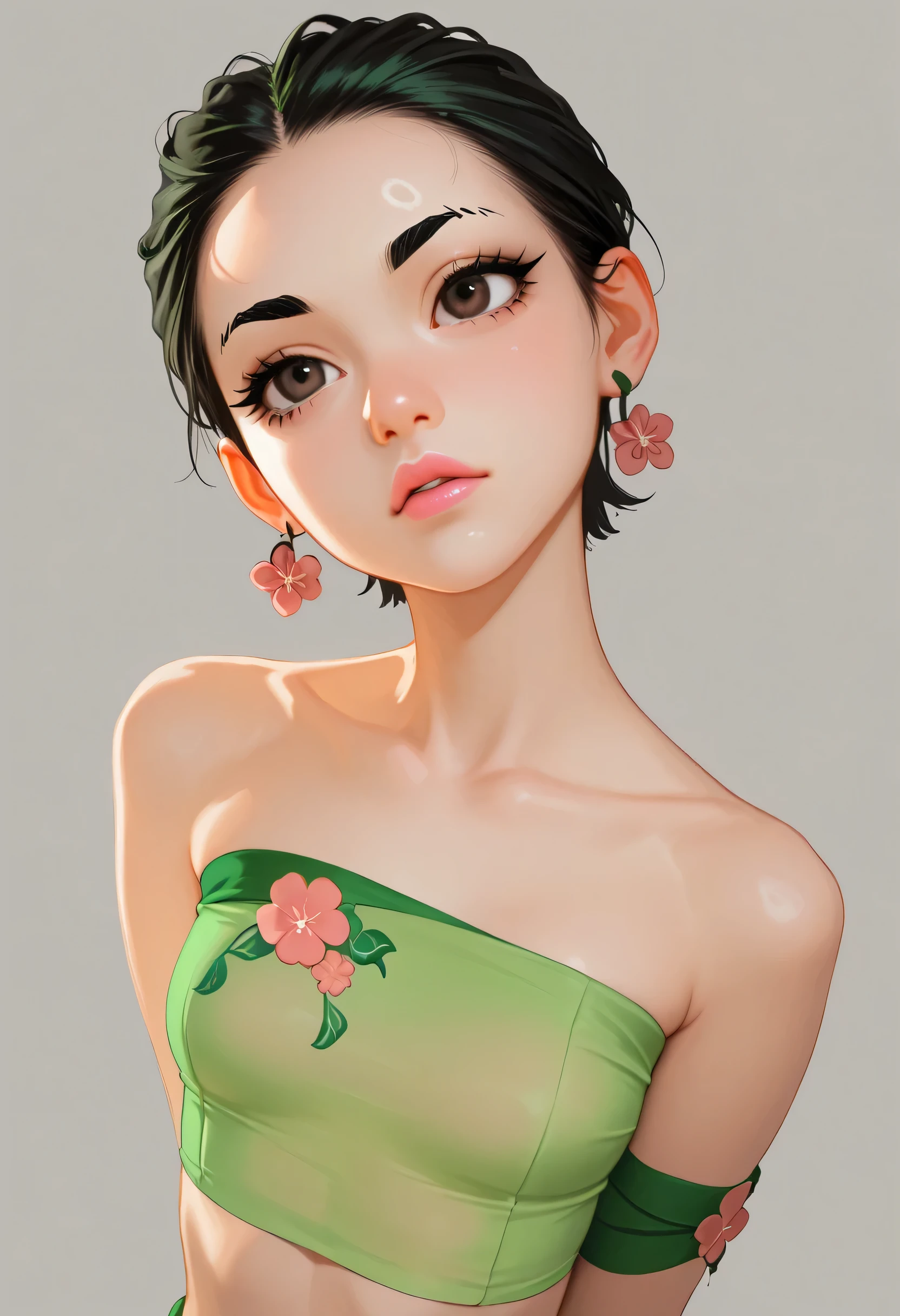 black hair, short hair, (forehead), (green band head), black thin eyebrows, dark brown eyes, black eyelashes, nose, normal lips, pink lips, small breasts, (green tube top), simple background
