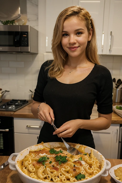 ((Best quality)), ((Meisterwerk)), perfektes Gesicht, amerikanisch , Blonde Haare, 26 Jahre alt, Modell, Nice, attraktives und erstaunliches Aussehen, Extremely beautiful, in the kitchen