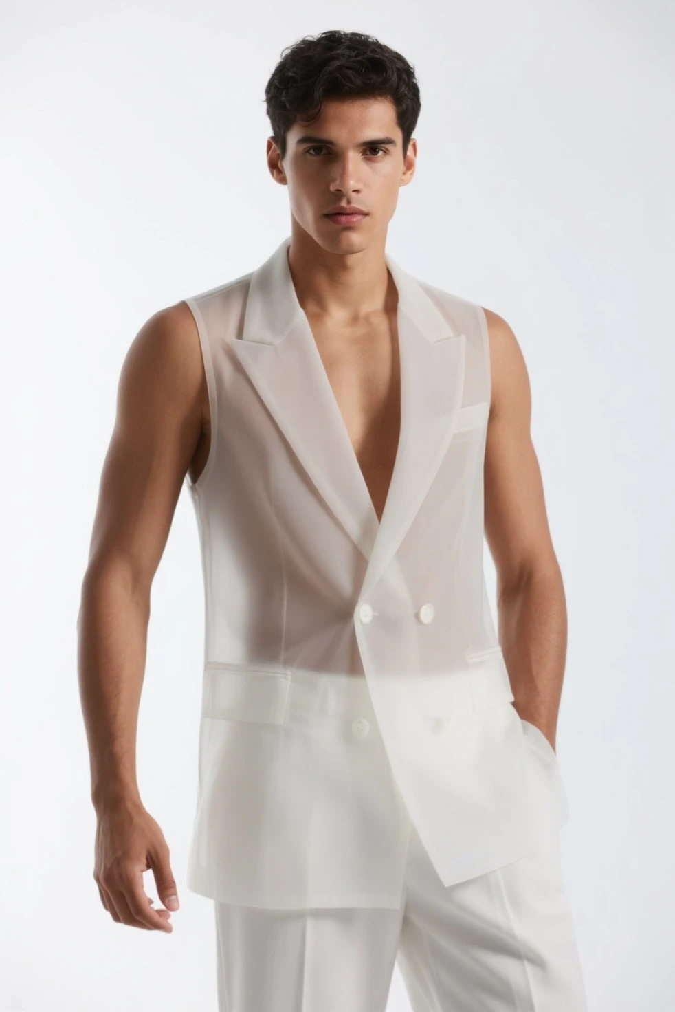 (1人:2), ((Male model)) Warm skin, Masterpiece, Best quality, The most beautiful man in the world, Handsome male model, An attractive man,Aesthetic for 18-24 year olds, Blooms in spring, Green fields, Spring, uni, green trees, flower, Blue sky, Sturdy and beautiful young man in white pajamas, white jockstrap, White cloth, A shirtless jacket over the shoulder, (Male focus), ((Smooth body)), Super beautiful, Dynamic, Cool and seductive poses, Dramatic lighting, Full body photo, Young face, Whole body, Hairless body, Thin and tall, fit body, Dominant, Fair or fair-skinned, Young face, Firm body, High definition, natural flesh tones, Soft light, Highly detailed, looking at viewert, Photography, Detailed skin, Real Human, Realistic, photo-realistic, insanely details, detail in face, Minimalist hype, Surrealist hype, Cinematic, Telephoto, Intricate lighting details, Highly detailed, Highly detailed, Digital painting, art stations, concept-art, smooth, Sharp focus, illustration, Unreal Engine 5, 8K, Art by Ross Tran and Greg Rutkowski and Alphonse Mucha, hyper HD, 8K, show only male,hyper HD, Digital SLR, poor lighting, High quality, filmgrain, Fujifilm XT3,novel cover,Sizzling romance,Black hair and emerald green eyes,