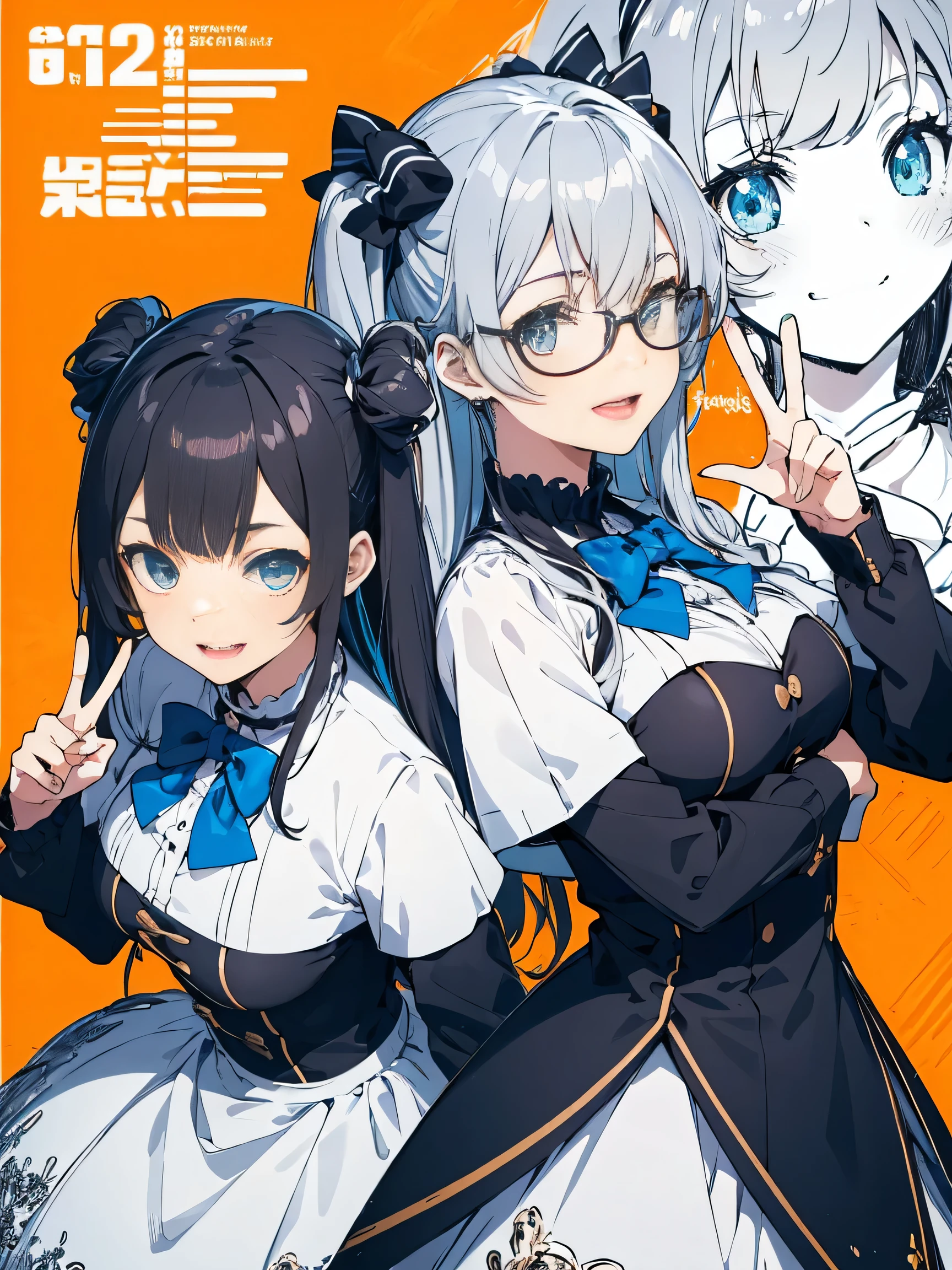 score_9, score_8_up, score_7_up), source_anime, absurd_res, white, blue, black, 2girls, super fine illustration, an extremely delicate and beautiful, best quality, masterpiece, 8K, Marika, Sena, back to back pose, silver hair, black hair, twin tails, black hair bow, black hair, long hair, swept bangs, half updo, aqua eyes, orange eyes, round glasses, (thick eyebrows), perfect feminine figure, anatomically perfect, beautiful detailed faces, huge breasts, radiant smiles, playful postures, matching outfits, peace signs, winking, cheerful expressions, colorful background, pop art style, vibrant colors, cute aesthetic, friendship theme, dynamic composition, energetic atmosphere, detailed facial features, bright lighting, youth fashion, standing pose, complementary poses, joyful mood, style, bubbly atmosphere,((4k,8k,Ultra HD)),((Masterpiece :1.2)),((Best quality :1.2)),((Detailed :1.5)),((Detailed background :1.5)),sharp lines, vivid colors, high contrast