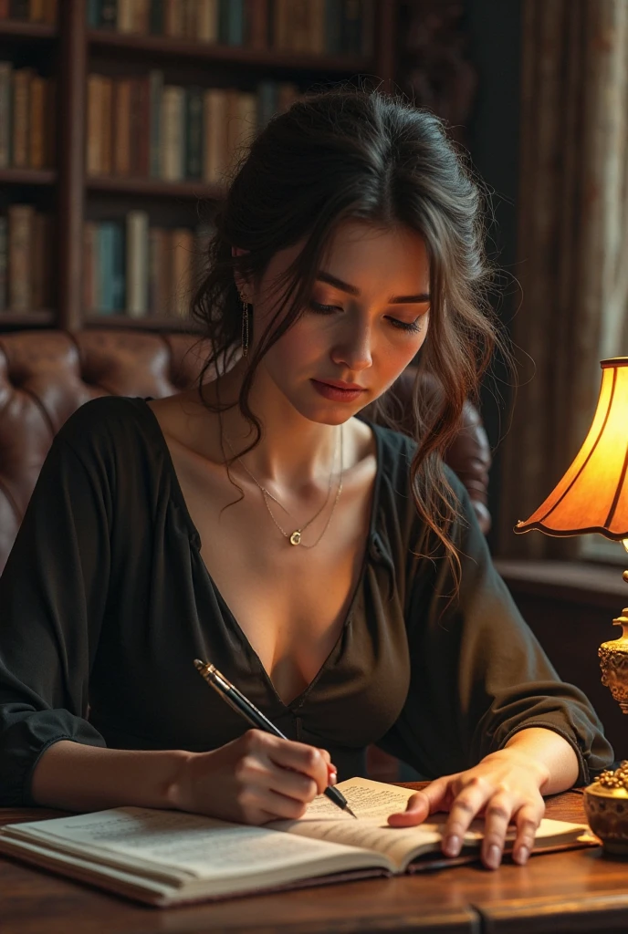 A voluptuous tanned brunette elf woman is voluptuous, wearing a black dress with jade details, long cables that reach the ground are very long elf ears, gold tattoo that covers the back and arms, she is writing a letter in her office. Image Image 1920x1080