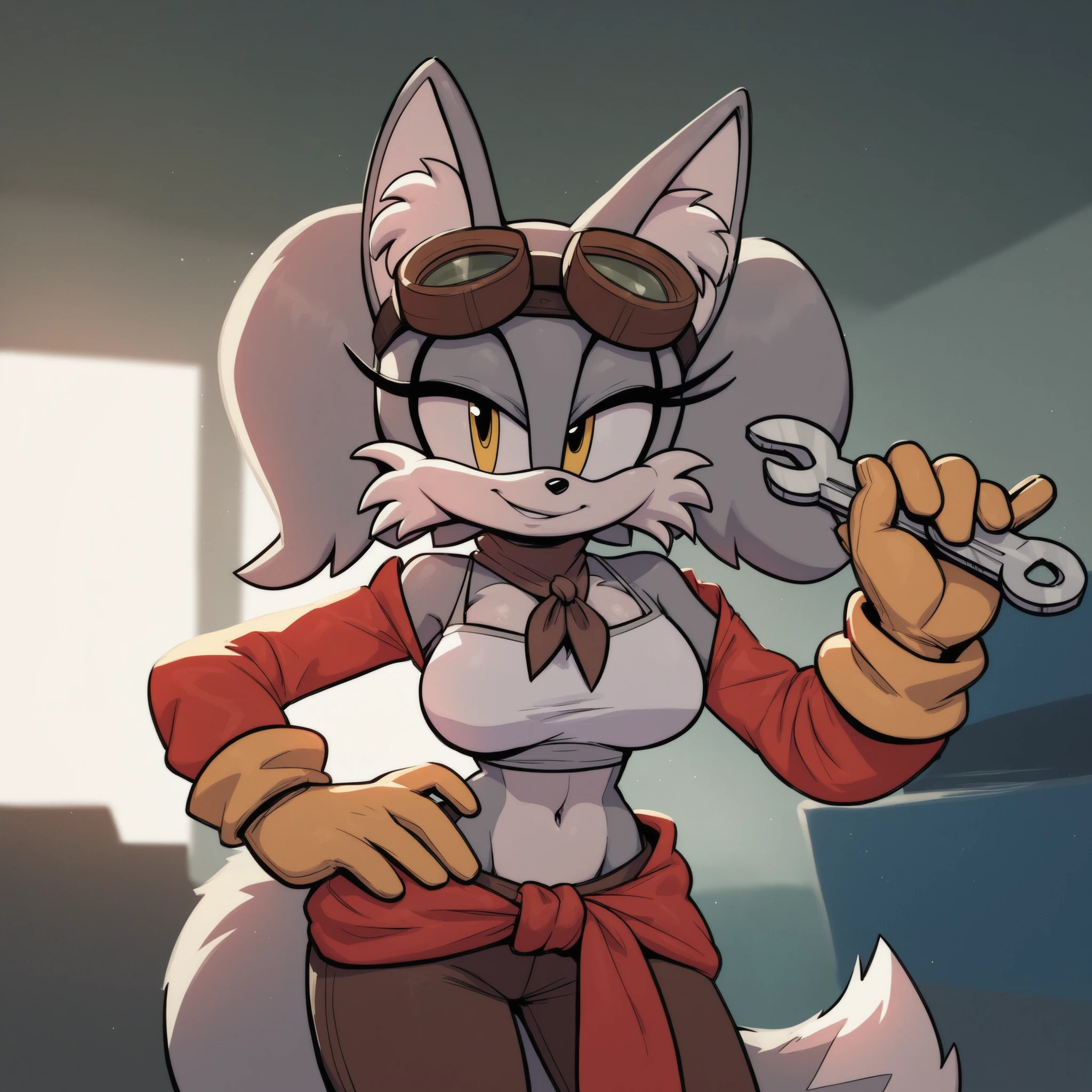 lillymechxl, grey hair, long hair, two side up, yellow eyes, fox girl, fox ears, fox tail, animal ear fluff, large breasts, fluffy cleavage, peach colored furred chest, grey furred body, peach colored fluffy muzzle, white crop top, navel, midriff, red clothes around waist, dark brown pants, gloves, goggles on head, brown neckerchief, Lily as a Mobian, Mobian Fox, Fox, bigdad/character, (Mobian), (grey fur), fluffy fur, female, smile, solo, standing, one hand on hip, holding wrench, indoors, garage, Sonic OC