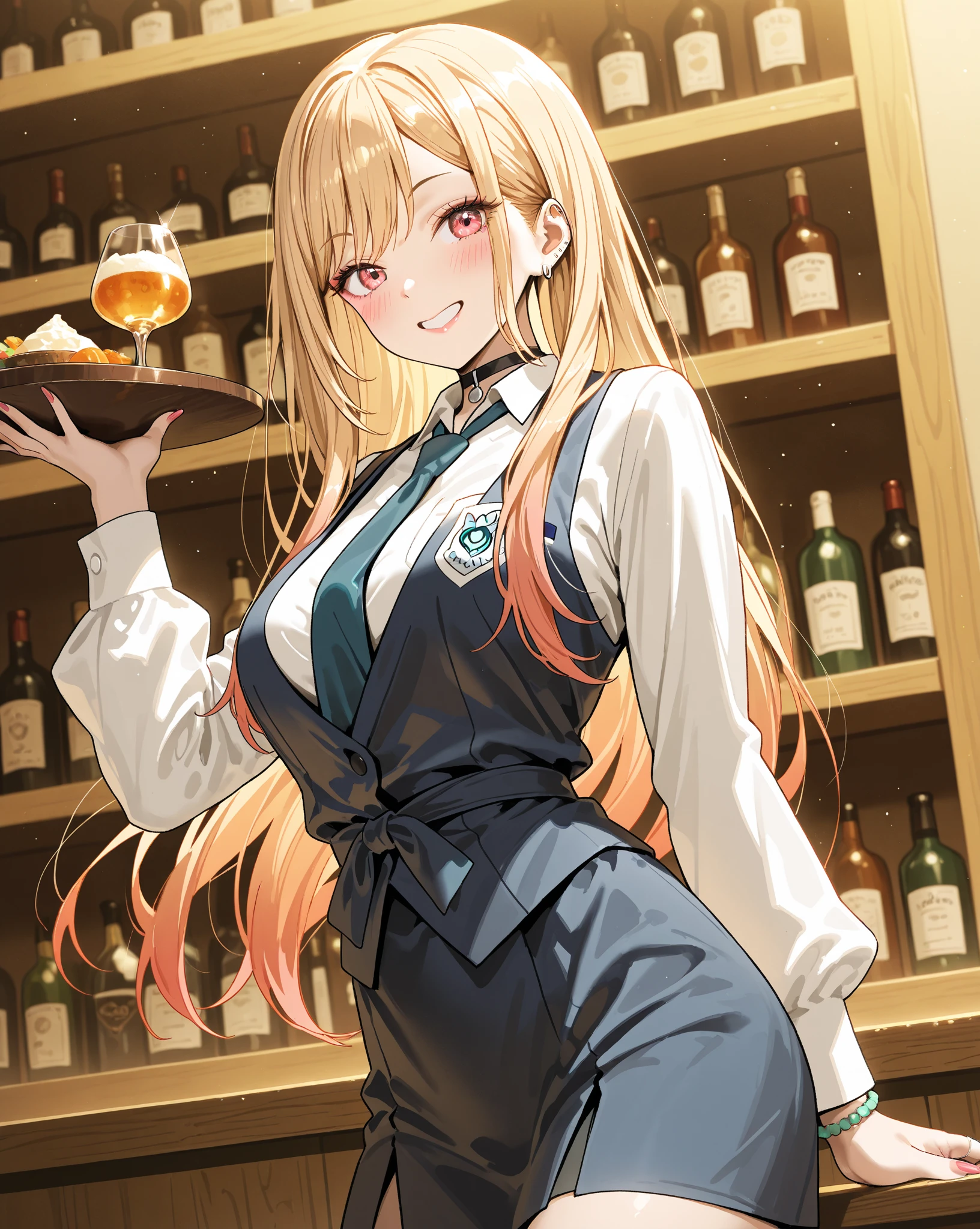 One Woman、beautiful girl、waitress、20-year-old、Side Ponytail、restaurant、waitressの制服、Short skirt、Black Pantyhose、Holding the tray、Highest quality, smile,, Big Ass、Big Breasts、Very big 、Place your breasts on the tray、 sink into the tray、Empty tray、Place breasts on the tray、おっぱいの下にHolding the tray