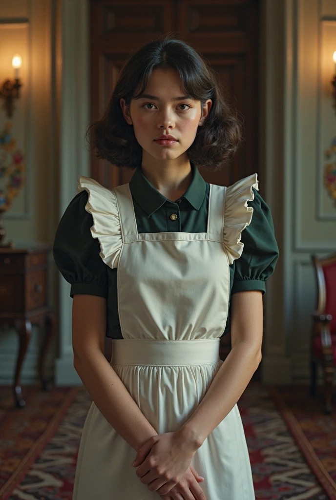 (a closeup of a, Editorial photo of a 15-year-old beautiful girl in a poor work dress with an apron), (Serious:0.5) (Highly detailed face:1.4), ass pov, Nikon D850, film stock photograph ,4 Kodak Portra 400 ,camera f1.6 lens ,saturated colors ,hyper realistic ,lifelike texture, dramatic lighting , Cinestill 800, (in the courtyard In the village of the middle of the 19th century), 19th-century Victorian style, (black hair), (green colored eyes)