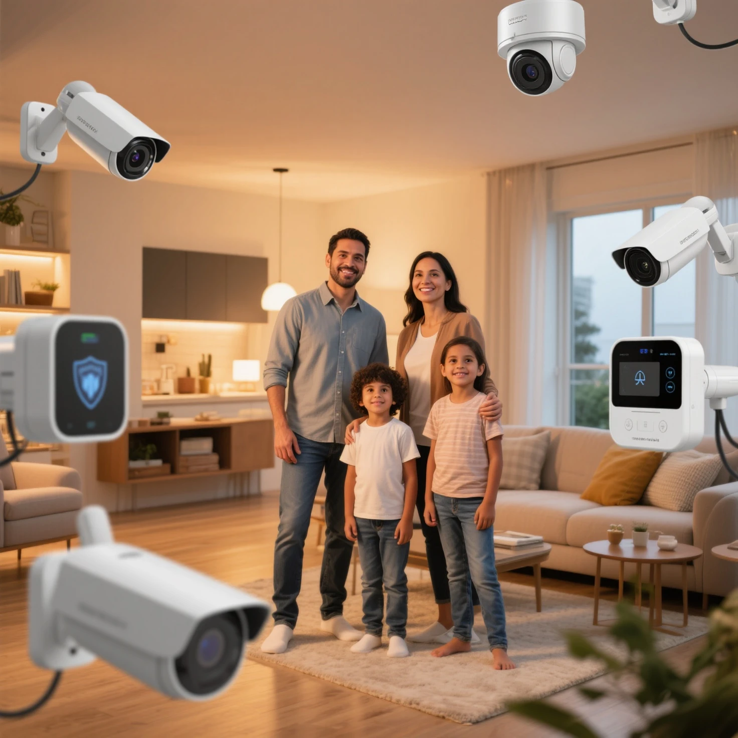 Smiling family safe and peaceful in luxury home with state-of-the-art security camera system with access via smartphone