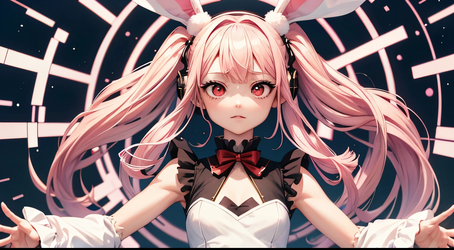 girl, Pink hair about 12 inches , expression of determination, babyface,((small bust,rabbit cosplay, white dress, Gothドレス), ( white rabbit,ear,tail),Goth,(Low Nose,red eyes,Body Type,詳細なearの先),headphones,twin tails, detailed)) (masterpiece),(figure),(Highest Quality:1.3),accurate anatomy, blurry background with 100 bodies, hachiroku