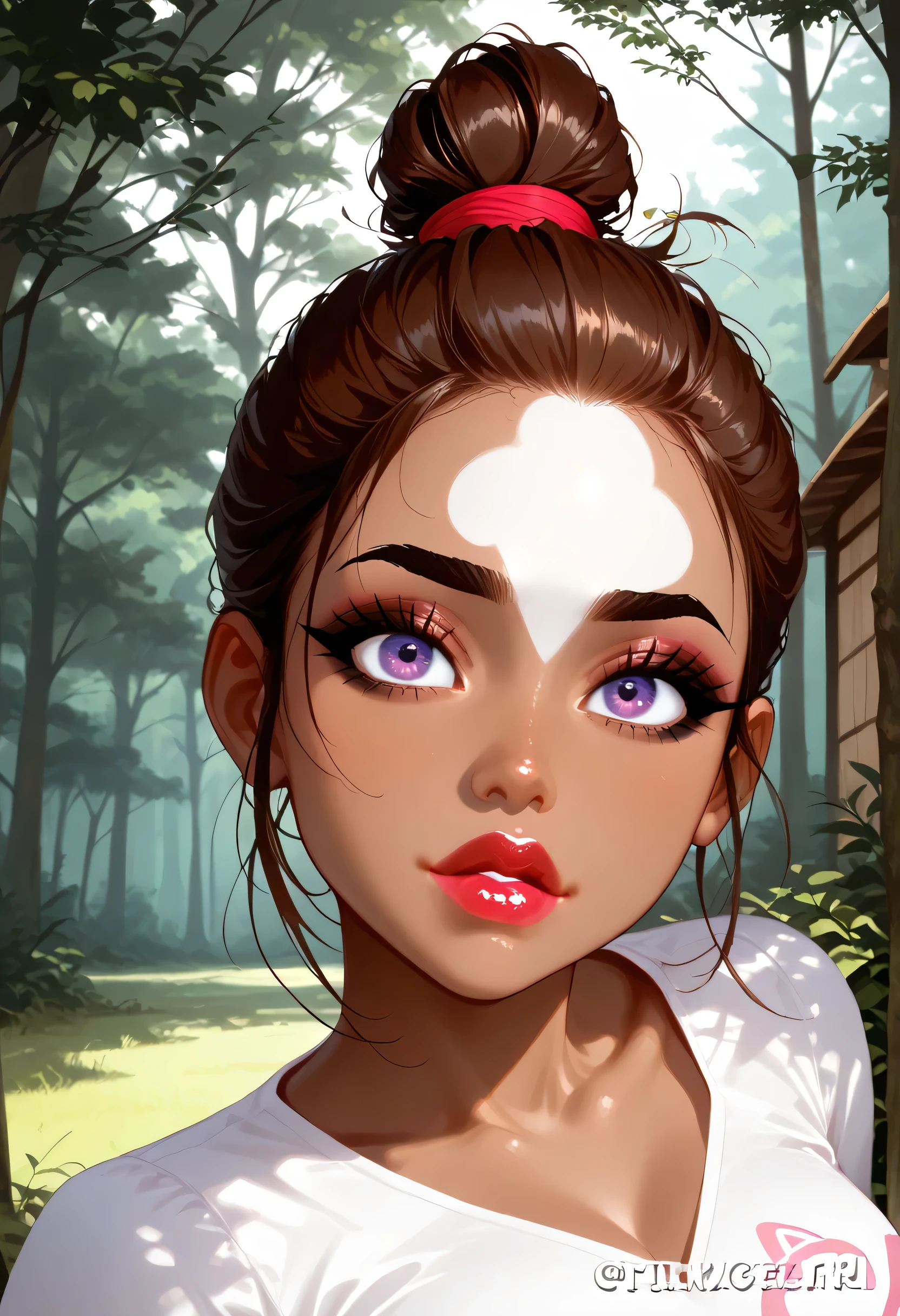 forest, 1girl, (perfect face:1.1), bun top knot hair, brown hair, black eyebrows, thin eyebrows, black eyeliner, big eyes, purple eyes, pink rouge, bright red lips, thick lips, v-neck shirt, white v-neck shirt, medium breasts, (female african, colored skin, light brown skin)