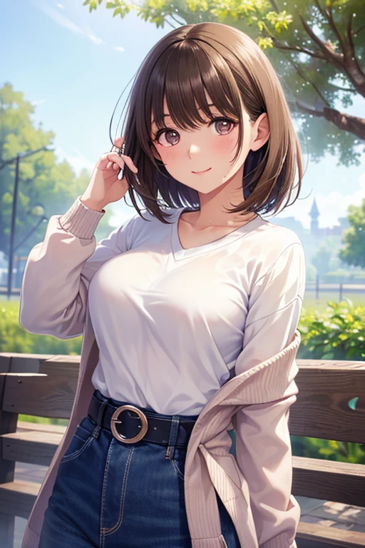 ((Obra maestra, mejor calidad, high resolution, HD, pixel perfect, profundidad de campo, 4k, RTX, hdr))), 1 chica, soltero, solo, hermosa chica anime, Beautiful artistic style, personaje animado, ((pelo largo, golpes, By the chestnut, Pelo RIZADO:0.8)), ((ojos rojos:1.4, ojos redondos, beautiful eyelashes, ojos realistas)), ((cara detallada, rubor:1.2)), ((textura suave:0.75, textura realista:0.65, fotorrealista:1.1, estilo anime generado por computadora)), pechos medianos, dynamic angle, cuerpo perfecto, ((retrato, Punto de vista)), ((pajarita roja, , chaqueta negra, chaqueta abierta, brown cardigan, Camisa blanca, Falda negra, falda a cuadros)), sonrisa, parque de atracciones,sonrisa broadly
