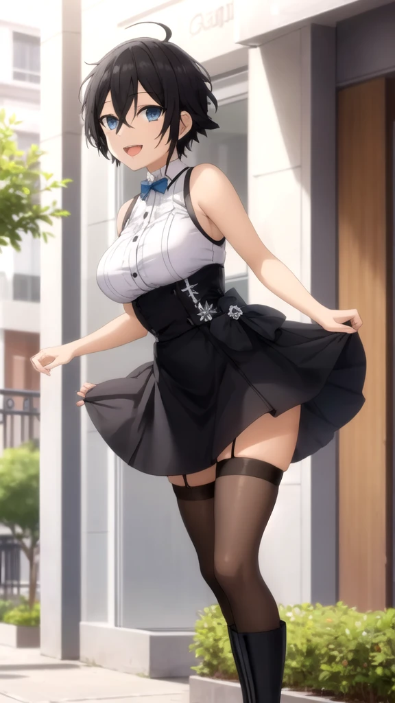 (8K、highest quality、masterpiece:1.2)、(realistic、Photoreal:1.2)、Standing and looking at me、Angle seen from the ground、Upskirt、Beautiful sky after rain、looking at the viewer、laughter、big and full breasts、fine and beautiful eyes、brown hair、(short hair:1.1)、pantyhose, one piece、sleeveless, masterpiece, highest quality, super detailed、cross your legs、raise one leg、