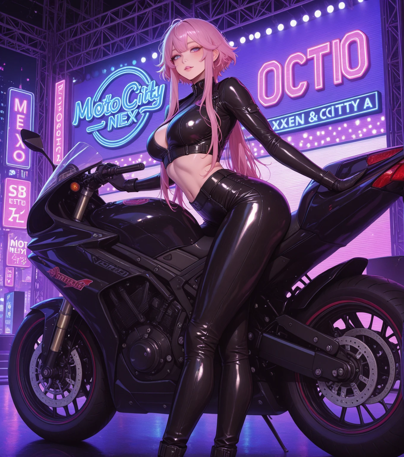 Hiten_kei style, oil painting, oil painting, rough style, desert, neon light signage, cyberpunk, cactus, (1girl), extreme detailed, dull, highest detailed, unity 8k wallpaper, ultra detailed, masterpiece, best quality, topless, nipples, stomach, helmet, goggles, latex skirt, waist pouch, salmon pink hair, ponytail, long hair, smiling, small breasts, motorcycle, wet body, open mouth, armpit, upper teeth visible, cowboy shot