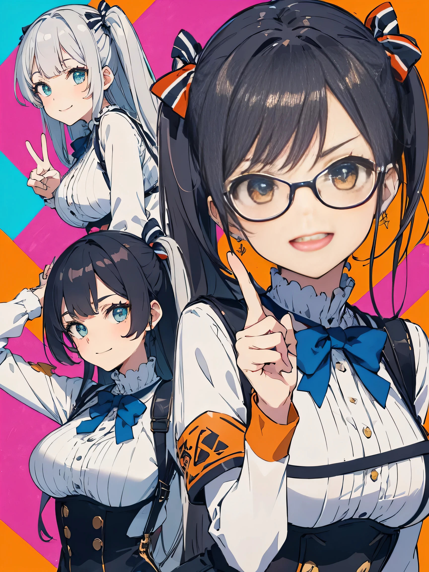 score_9, score_8_up, score_7_up), source_anime, absurd_res, white, blue, black, 2girls, super fine illustration, an extremely delicate and beautiful, best quality, masterpiece, 8K, Marika, Sena, back to back pose, silver hair, black hair, twin tails, black hair bow, black hair, long hair, swept bangs, half updo, aqua eyes, orange eyes, round glasses, (thick eyebrows), perfect feminine figure, anatomically perfect, beautiful detailed faces, huge breasts, radiant smiles, playful postures, matching outfits, peace signs, winking, cheerful expressions, colorful background, pop art style, vibrant colors, cute aesthetic, friendship theme, dynamic composition, energetic atmosphere, detailed facial features, bright lighting, youth fashion, standing pose, complementary poses, joyful mood, style, bubbly atmosphere,((4k,8k,Ultra HD)),((Masterpiece :1.2)),((Best quality :1.2)),((Detailed :1.5)),((Detailed background :1.5)),sharp lines, vivid colors, high contrast
