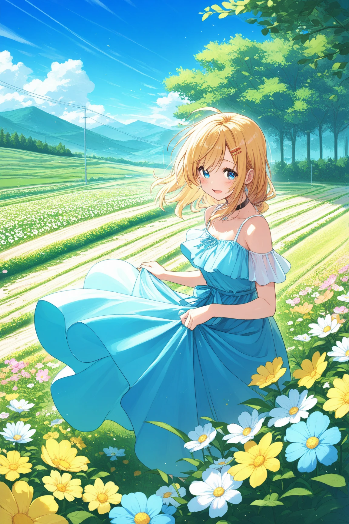 (masterpiece, best quality:1.2), 1girl, nasuhara anastasia, blonde hair, blue eyes, sundress, flower field, twintails, smiling <lora:nasuhara_anastasia:0.9>