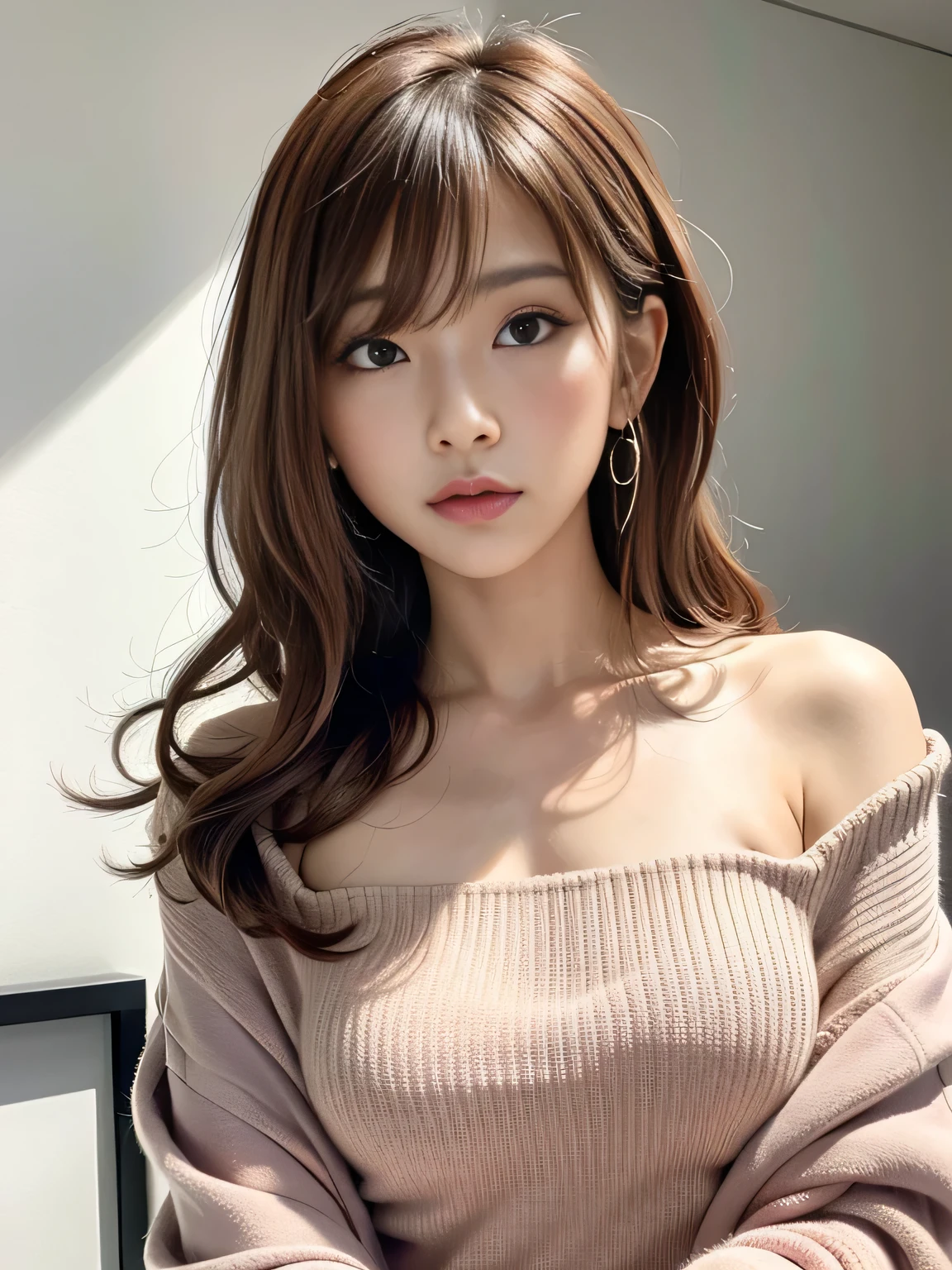 best qualtiy,tmasterpiece,超A high resolution,(realisticlying:1.4),
1girll long curly hair,Rich in detail, shoulder,cleavage,Knitwear, Deep shading, messy room, sit pose, Sitting on an object,