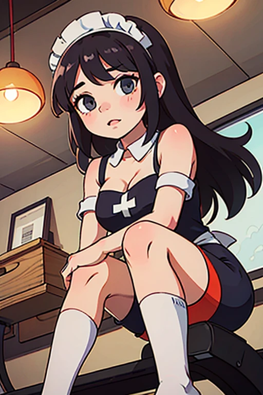 [(masterpiece: 1.1, highest quality: 1.1), Shy high school girl in uniform, emphasize, , Sheer,sailor suit blue mini skirt White knee-high socks garter belt swollen chest Black Bob Cut beautiful black eyes Sitting in a luxurious looking black office chair leaning on the backrest legs crossed Blue ribbon I have black headphones on my head I rest my arms on the armrests looking proudly at me