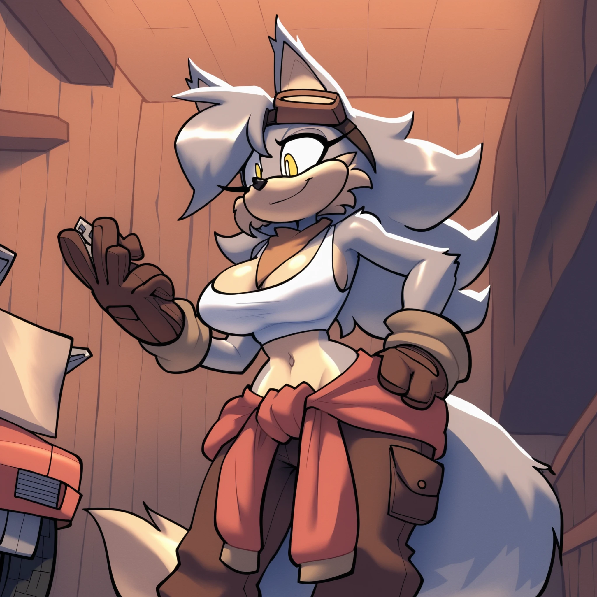 lillymechxl, grey hair, (long hair), yellow eyes, fox girl, fox ears, fox tail, animal ear fluff, large breasts, fluffy cleavage, peach furred chest, grey furred body, peach muzzle, fluffy muzzle, white crop top, navel, midriff, (red clothes around waist), (dark brown pants), (brown gloves), (brown goggles), goggles on head, (brown neckerchief), Lily as a Mobian, Mobian Fox, Fox, bigdad/character, (Mobian), (grey fur), fluffy fur, female, smile, solo, standing, one hand on hip, holding wrench, indoors, garage, Sonic OC
