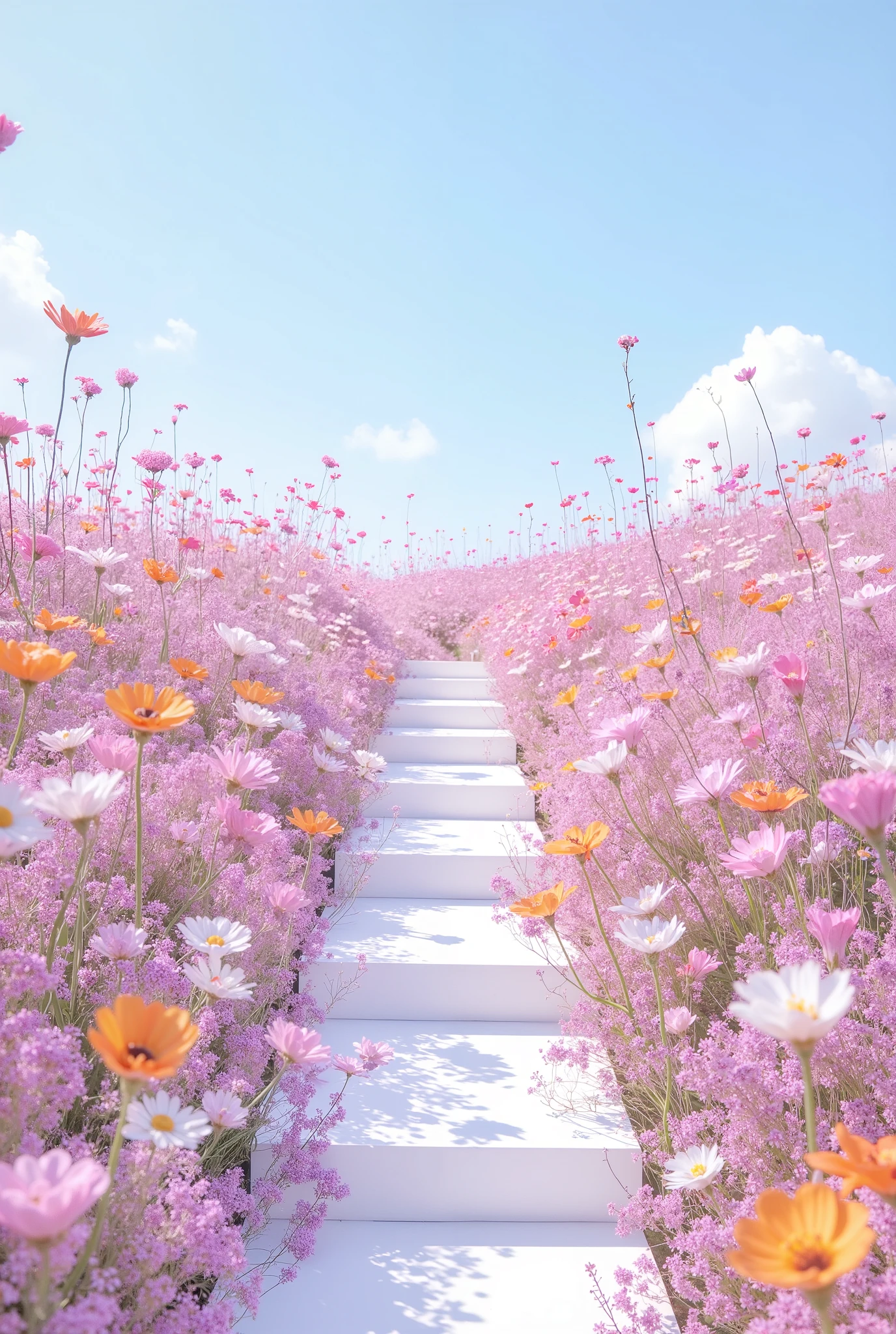 "clear sky background.colorful small flowers bloom to create a flower path. The flowers are arranged from the bottom of the pink, Orange, White, It creates a bright and fantastic atmosphere with various colors such as yellow. The entire scene is dreamy and fairytale-like, and the,. It's an analog-like illustration style.. The point of view is directed from the bottom of the screen up, and, The long flower path of Han Gil is getting farther away."high definition.illustration.Simple.The image is isolated without being cut. Cosmos .