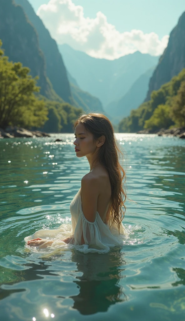 7 mermaid girls, serene expression, mesmerizing eyes, long straight hair, Very small breasts, no dress, nude, Balanced posture, Porcelain Skin, subtle blush, golden hour BREAK crystal pendant, (rim lighting): 1.2, Warm tones , sun at dawn, shadowless, vibrant colors, pictorial effect, dreamy atmosphere BREAK scenic lake, green mountains nearby, willow, calm water, reflection, sunlit clouds, tranquil environment, ultra detailed, Official Art, wallpaper unity 8k, Zentangle, mandala --auto --s2