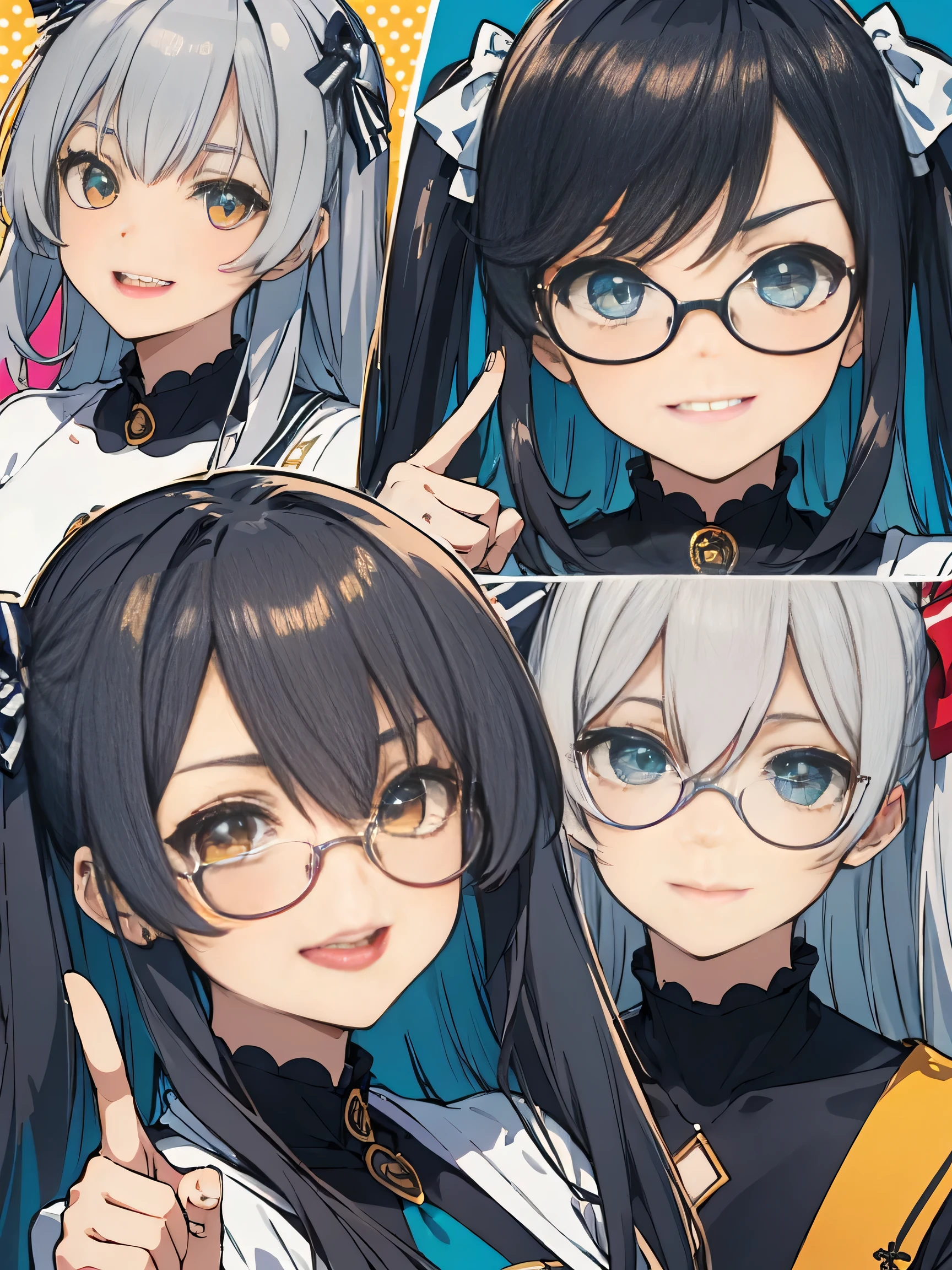score_9, score_8_up, score_7_up), source_anime, absurd_res, white, blue, black, 2girls, super fine illustration, an extremely delicate and beautiful, best quality, masterpiece, 8K, Marika, Sena, back to back pose, silver hair, black hair, twin tails, black hair bow, black hair, long hair, swept bangs, half updo, aqua eyes, orange eyes, round glasses, (thick eyebrows), perfect feminine figure, anatomically perfect, beautiful detailed faces, huge breasts, radiant smiles, playful postures, matching outfits, peace signs, winking, cheerful expressions, colorful background, pop art style, vibrant colors, cute aesthetic, friendship theme, dynamic composition, energetic atmosphere, detailed facial features, bright lighting, youth fashion, standing pose, complementary poses, joyful mood,  style, bubbly atmosphere,((4k,8k,Ultra HD)),((Masterpiece :1.2)),((Best quality :1.2)),((Detailed :1.5)),((Detailed background :1.5)),sharp lines, vivid colors, high contrast