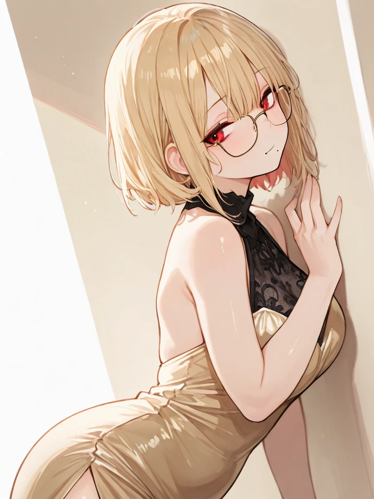 (The highest image quality, masterpiece:1.2), (Ultra Definition Illustration), (NSFW:1.3), (very cute little queen, 15yo:1.3), (1 girl:1.2), Solo, (shoot from very below:1.3) ,(condescending look:1.3) NSFW, sleeveless, armpits, (arms behind head), embarrassed, closed eyes, (sleeveless gorgeous queen red dress with roses:1.3), (translucent:1.3), lying on bed, queen crown, showing panties, Full body, Round baby face, (Glasses, Blonde Short-Cut Hair), (white thigh high pantyhose:1.2), (Evil smile, mean face, Mesugaki smile), Luxurious palace rooms, Fancy Room, RPG Royale, (widely spread leg:1.3),