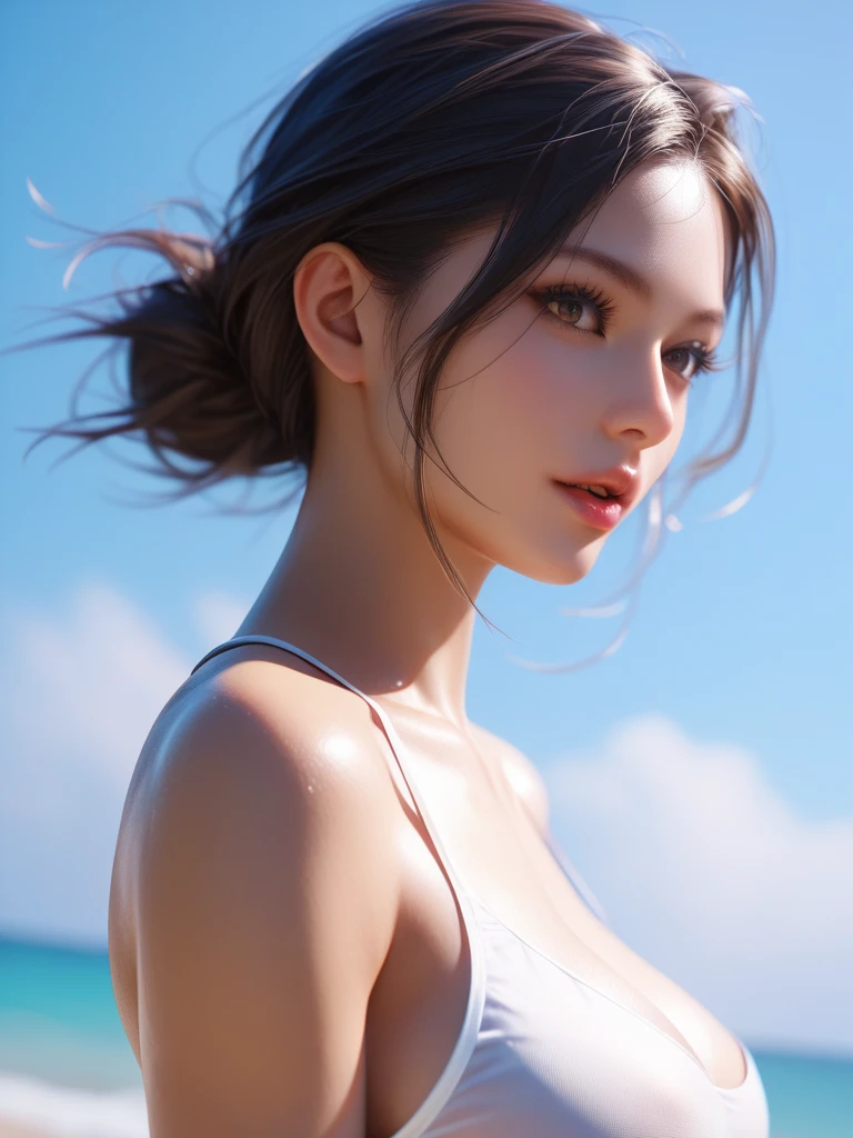 1 girl, smile, ((best quality, 8K, masterpiece: 1.3)), fat body beauty: 1.4, beautiful breasts, highly detailed face and skin texture, delicate eyes, double eyelids, round face, thin lips, smile, rich, fair skin, landscape background detailed face, viewer look, white bikini, depth of field, 8k, RAW photos, photorealistic, perfect light, pale skin, Perfect anatomy, super high resolution, ridiculous, very complex,