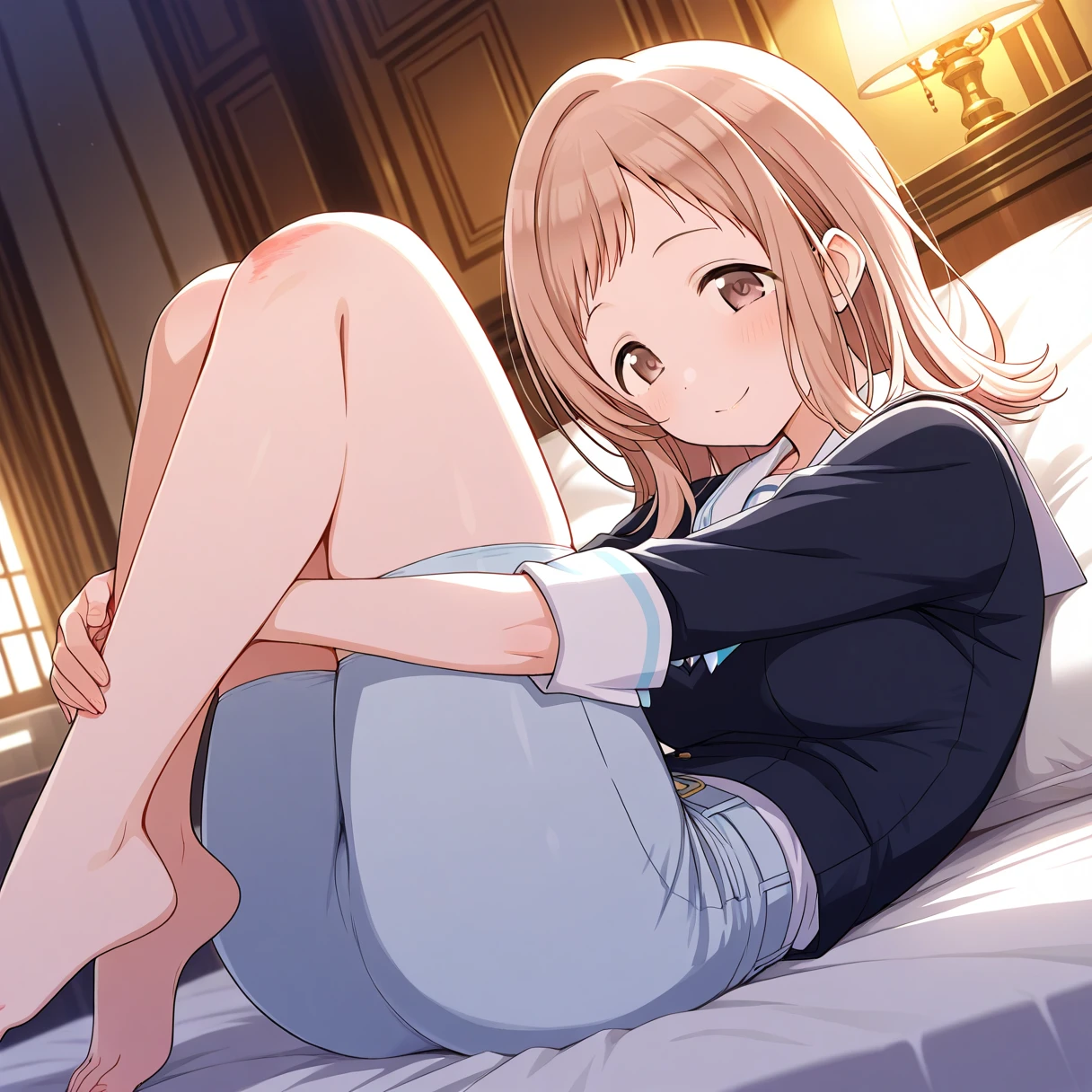 ((table top, highest quality, High resolution, nffsw, perfect pixel,  4K, nffsw, nffsw))), violet evergarden,table top, highest quality, blonde hair, blue eyes, hair between eyes, looking at the viewer, full body shot、ribbon、1 girl, single, alone, Beautiful woman、I could see the whole body、 ((beautiful bronze hair)), ((brown eyes, beautiful eyelashes, realistic eyes)), ((detailed face, blush:1.2)), ((smooth texture:0.75, realistic texture:0.65, realistic:1.1, Anime CG style)), medium breasts, ((full body shot))、 perfect body,  (White short-sleeved gym clothes with navy blue cuffs)、(navy blue bloomers)、barefoot、dark blue socks、big smile、health room、Bed、sexy shot、physical education sitting
