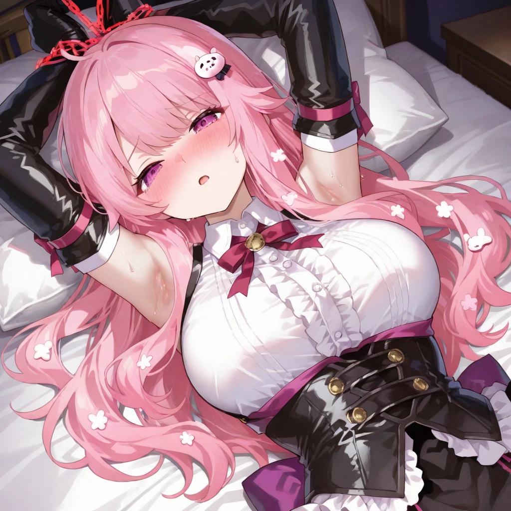 Anime girl, pink hair, in pig tail hair, visible , cum iouth, wearing black skirt, spreading legs on a bed