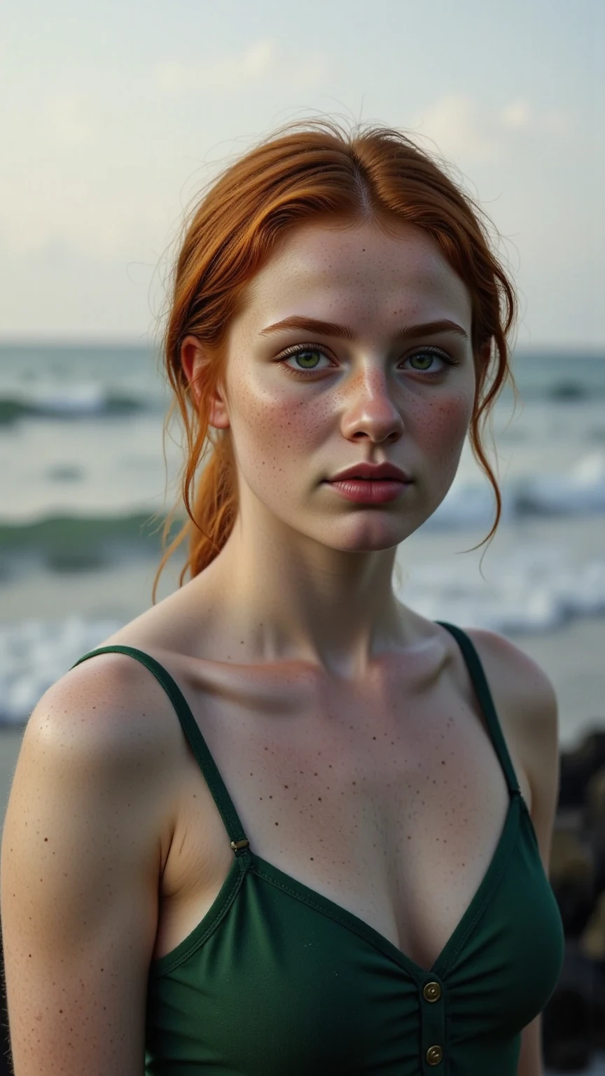 ((best photo quality, Ultrarealistic)), Girl, Not 20, European, Tattoo-Modell, (Portrait, close up shot), athletic figure, small breasts, mysterious smile, enchanting view, ((Fell, ginger red hair, wild hairstyle)), intense green eyes, pale skin, freckles, subtle make-up, more confident, cheeky expression, flawless complexion, Tattoos, Piercings, uncanny attraction, wild and graceful, rebellious spirit, sun set, evening atmosphere, beach, Fotoshooting