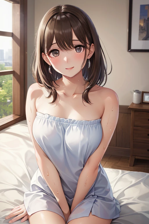 head tilt, Staring、masterpiece、top-quality、 A 40-year-old green-eyed woman with wavy lobed brown bangs.、Cleavage is visible、Wearing a white blouse、Wearing jeans、smile, open mouth, The background is a room、is standing、Bold composition、Alone、