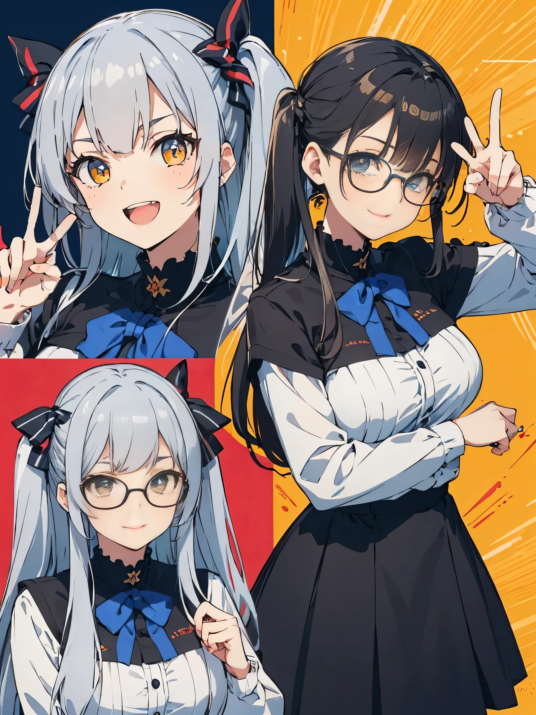 score_9, score_8_up, score_7_up), source_anime, absurd_res, white, blue, black, 2girls, super fine illustration, an extremely delicate and beautiful, best quality, masterpiece, 8K, Marika, Sena, back to back pose, silver hair, black hair, twin tails, black hair bow, black hair, long hair, swept bangs, half updo, aqua eyes, orange eyes, round glasses, (thick eyebrows), perfect feminine figure, anatomically perfect, beautiful detailed faces, huge breasts, radiant smiles, playful postures, matching outfits, peace signs, winking, cheerful expressions, colorful background, pop art style, vibrant colors, cute aesthetic, friendship theme, dynamic composition, energetic atmosphere, detailed facial features, bright lighting, youth fashion, standing pose, complementary poses, joyful mood, style, bubbly atmosphere,((4k,8k,Ultra HD)),((Masterpiece :1.2)),((Best quality :1.2)),((Detailed :1.5)),((Detailed background :1.5)),sharp lines, vivid colors, high contrast