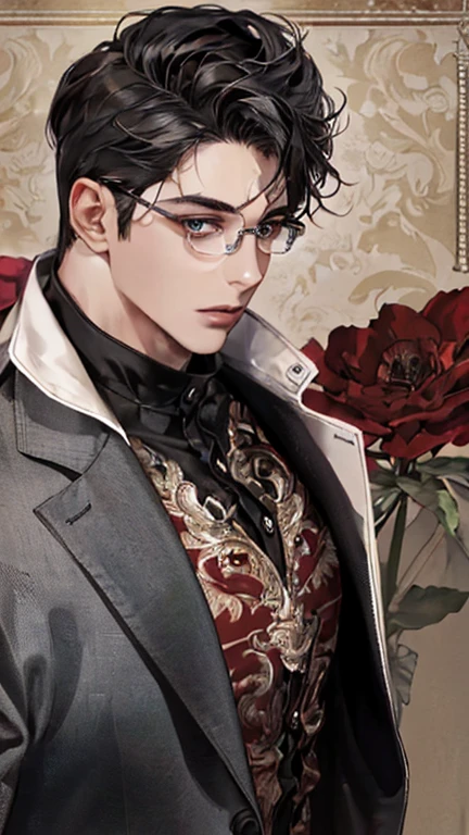 (masterpiece), best quality, seductive eyes, mature but pretty face, prince-like face, handsome man, red eyes, slicked back haircut, short length black hair, black shirt, black pants, big biceps, massive shoulders, big forearms, half body, anime cover, 1boy, no sleeves, both hands on pockets, masculine, glasses