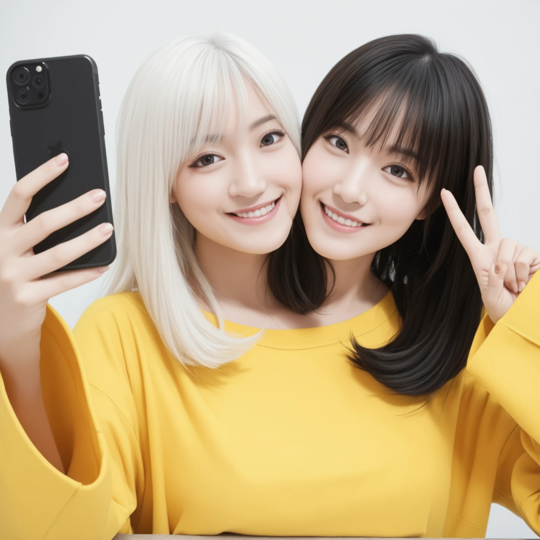 best resolution, woman with two heads, yellow top, smiling, different hair colors, white hair, black hair, peace sign, holding phone taking selfie, realism, detailed face