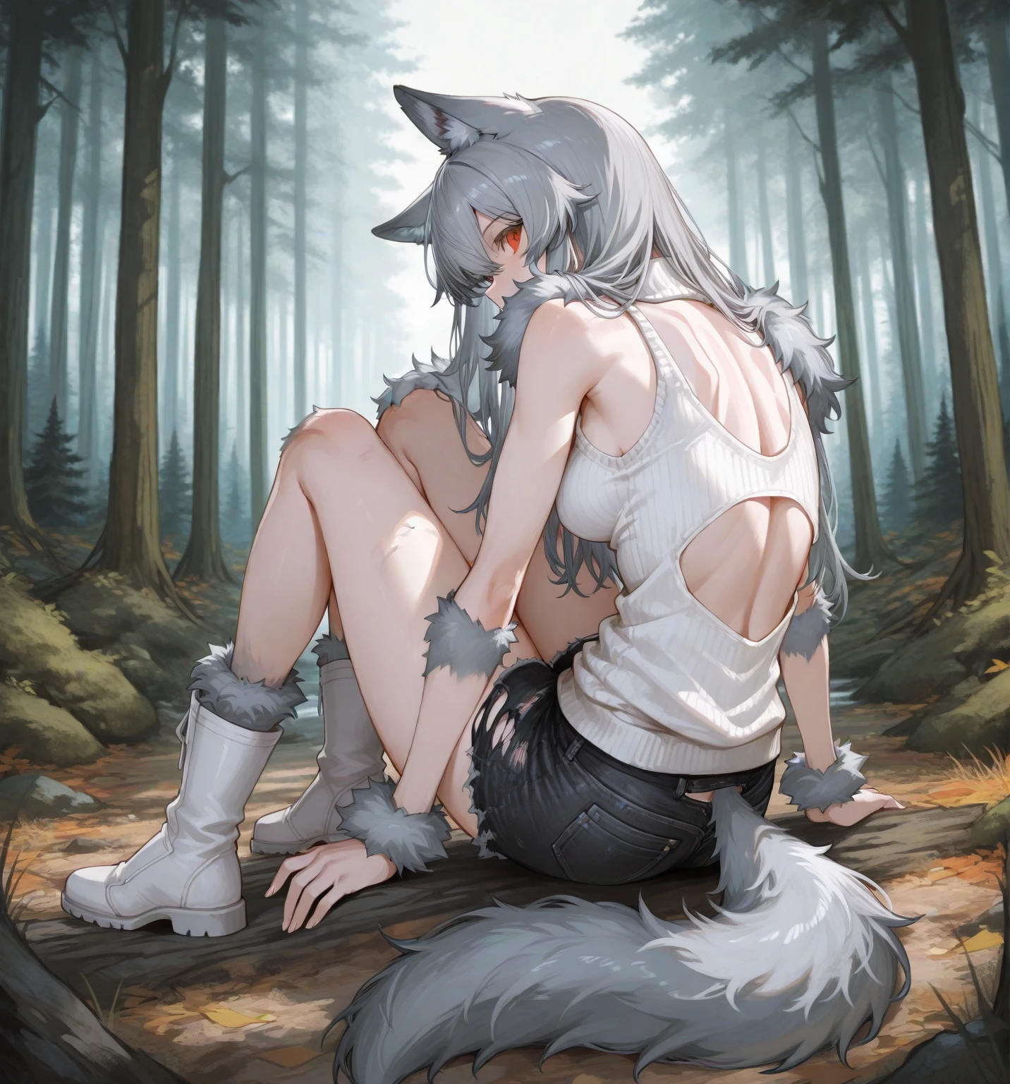 nsfw, 1 female fox, straight long white hair, green hood, white skirt, 1 male wolf, doggystyle, cum, beastality, sex, ambient light, full body, masterpiece, high quality, high-details, best quality, wide short