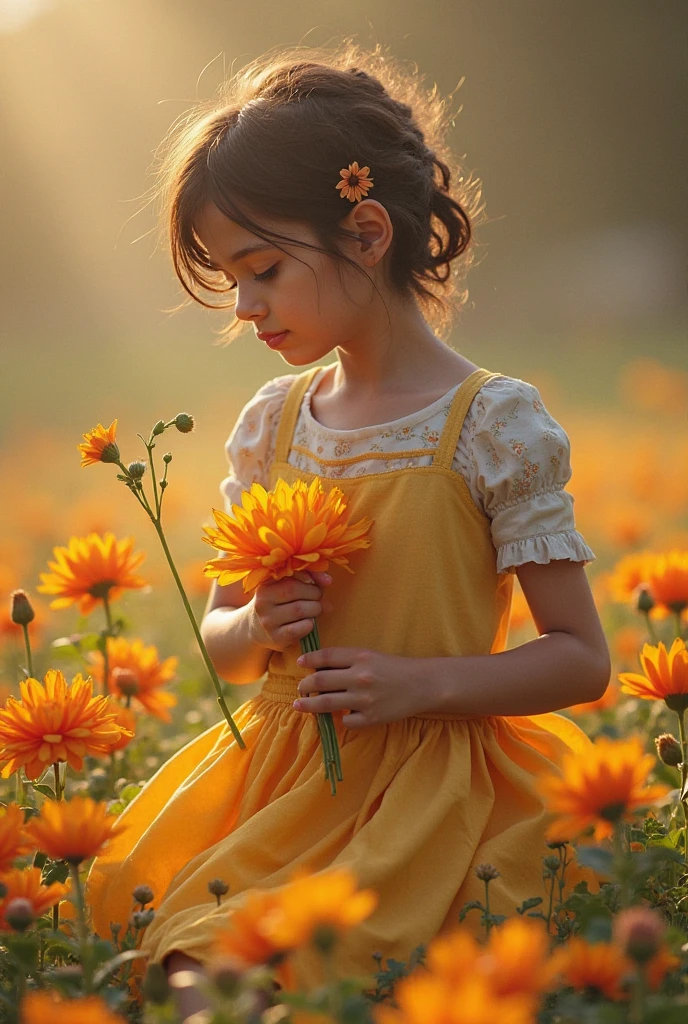 Cute little girl with manga wearing white dress，Standing barefoot in a sea of sunflower flowers，the setting sun，longos cabelos negros， --auto --s2