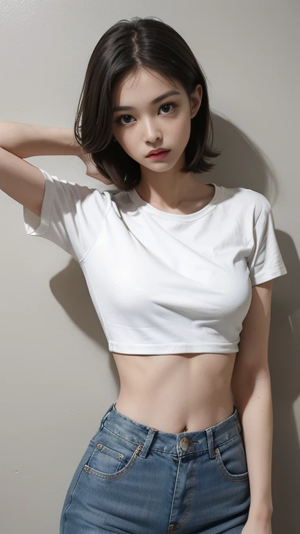 ((top quality、8k、 photorealistic、RAW photo、 Masterpiece:1.3)), whole body女恋, long legs, sharp focus:1.2, Beautiful woman with perfect body:1.6, posing for photo, whole body, Paired with a short T-shirt, OK, black cropped pants, slim, small bust, sweaty body, wet, slim的女孩模型, 24 year old female model,
