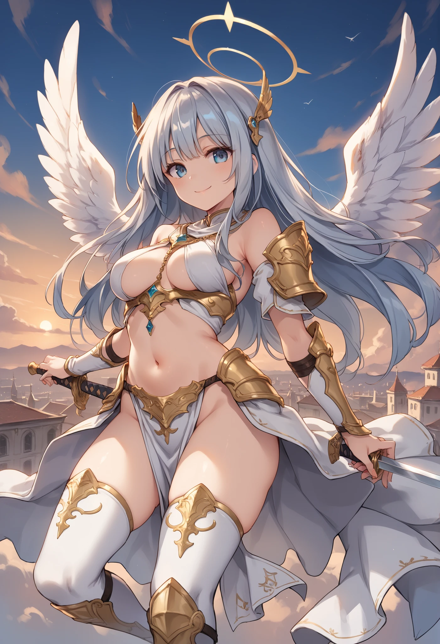 4k,High resolution,One Woman,Harpy,Light blue hair,Long Ponytail,Braid,Green Eyes,Big Breasts,White Wings,Golden toenails,Valkyrie,White Holy Dress,Winged headgear,Jewelry decoration,Gold decoration,Temple in the Sky,Aurora Background