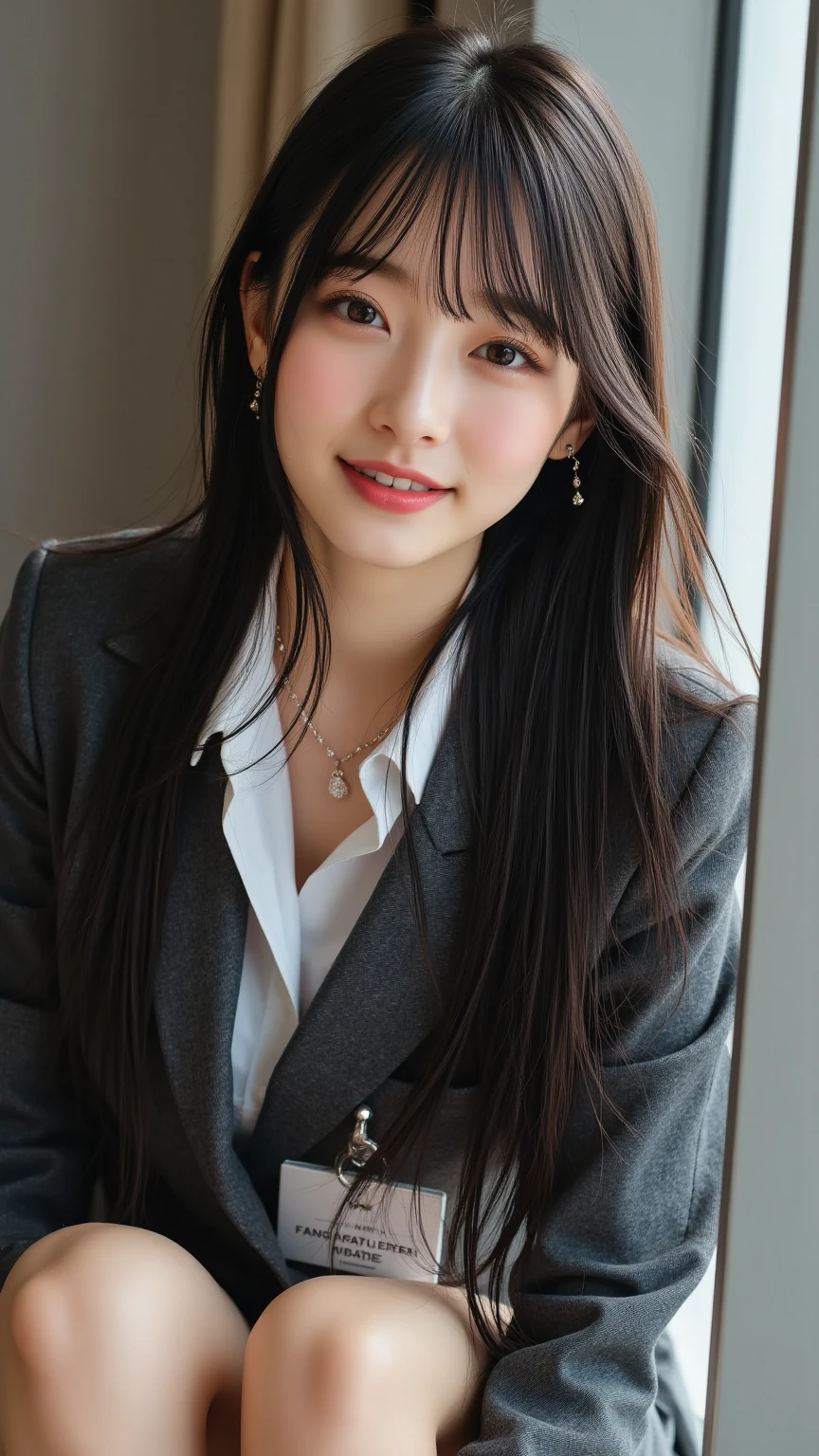 best quality, masterpiece, 1girl, Beautiful face, (photo realistic:1.3), rim lighting, (high detailed skin:1.2), 8k uhd, dslr, high quality, high resolution, 4k, 8k, Bokeh,  absurdres, best ratio four finger and one thumb, (realistic:1.3), ulzzang, cute kawaii 1girl, wearing black formal blazer, medium breasts, short skirt,