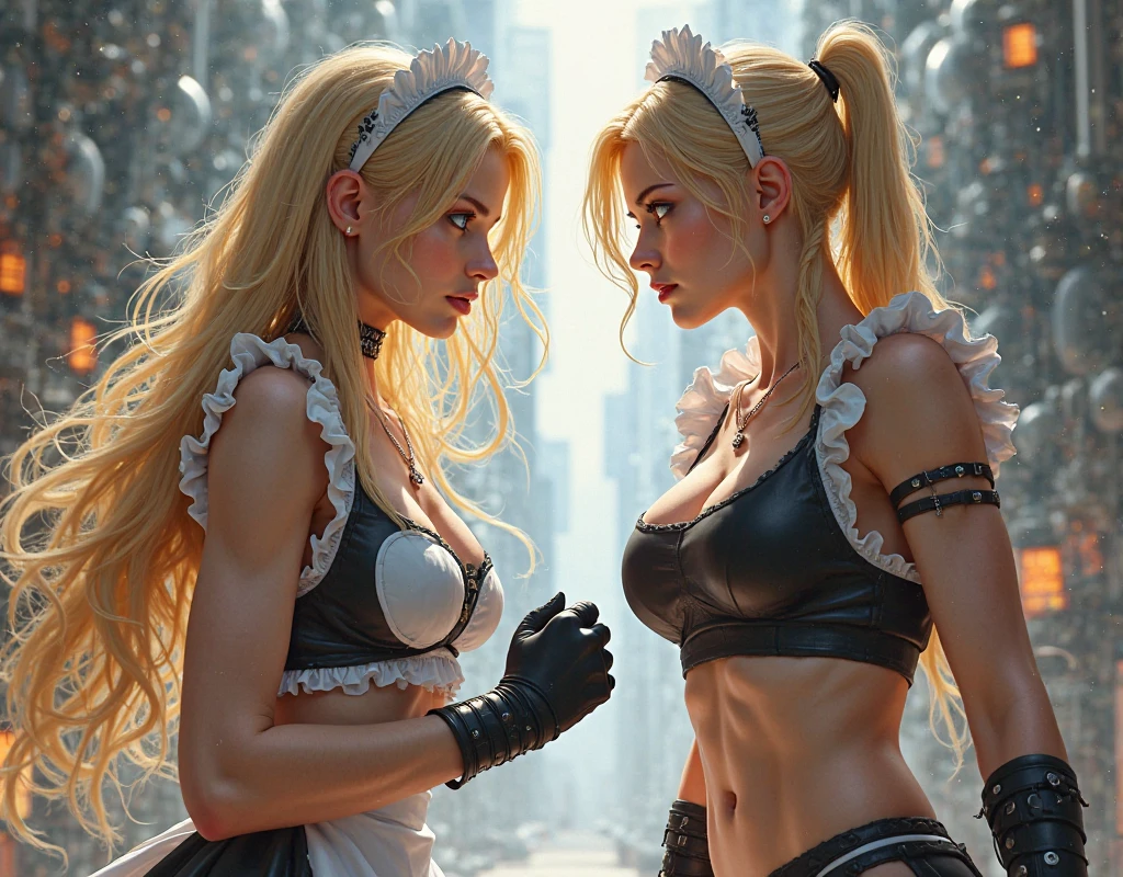 a beautiful blonde girl in a white boxing outfit, wearing black bodystocking stockings, fighting against an african american woman, cinematic lighting, detailed facial features, highly detailed, photorealistic, 8k, masterpiece, dark colors, dramatic lighting