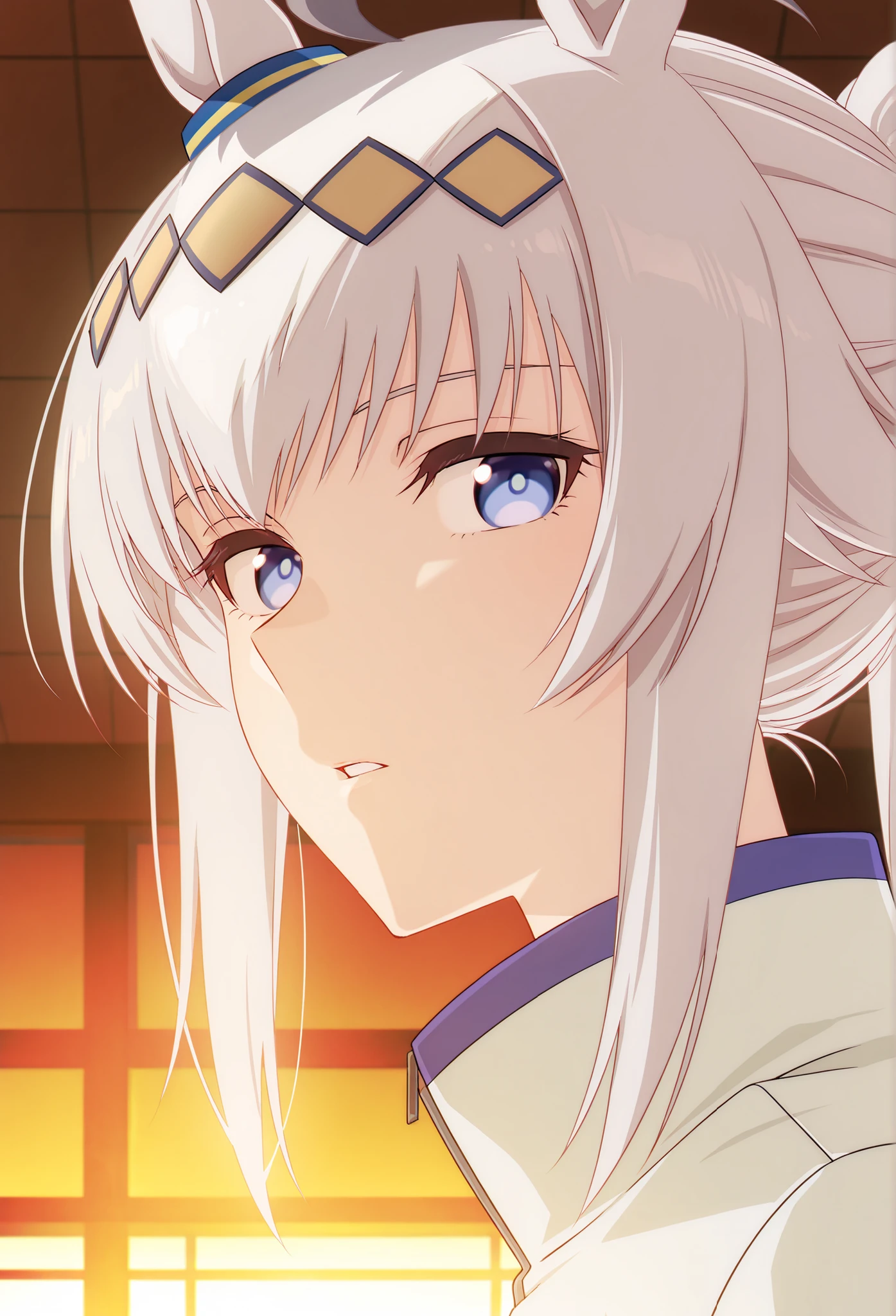 score_9, score_8_ up, score_7_ up, score_6_ up, anime,nsfw, uncensored,masterpiece,Highest Quality,intricate details,oguri cap \(Uma Musume\),solo,staring at the viewer,horse ears,parted lips,Portrait,white jacket,stupid hair,from the side, Bright Eyes ,School meals,